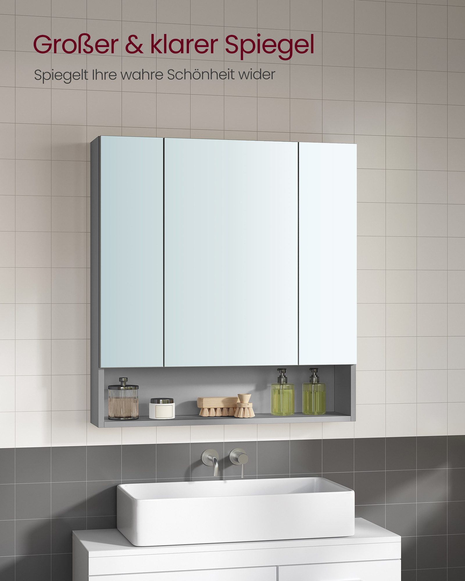 VASAGLE Spiegelschrank Badschrank Breite 70-90cm, mit 3 Türen, offenes Fach, verstellbare Ablagen – Bild 4 von 5