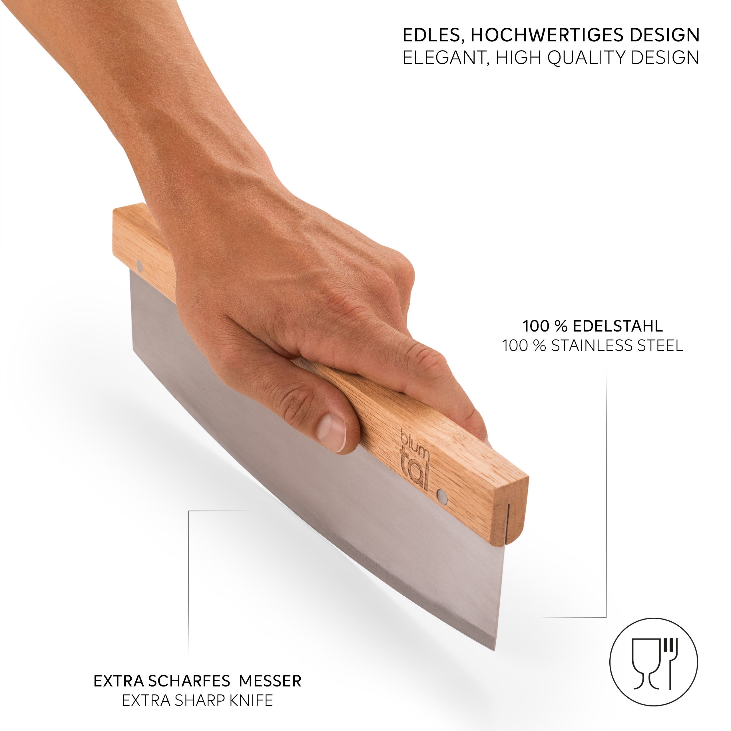 Blumtal Pizzaschneider Premium Wiegemesser, 32cm Edelstahlklinge, 1,2mm Klingenstärke, Ergonomischer Holzgriff