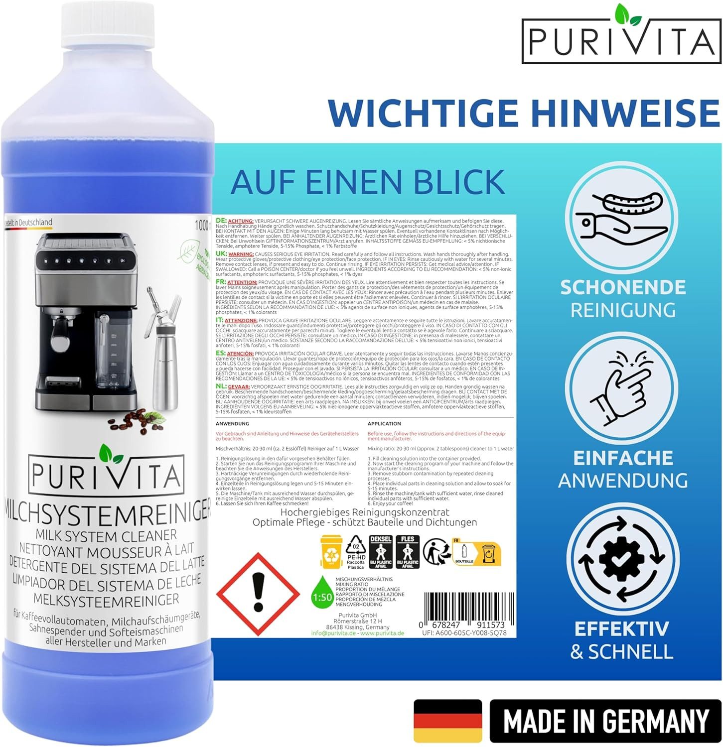 Purivita PURIVITA - Milchsystemreiniger Kaffeevollautomat - 500ml Konzentrat Milchsystem-Reiniger