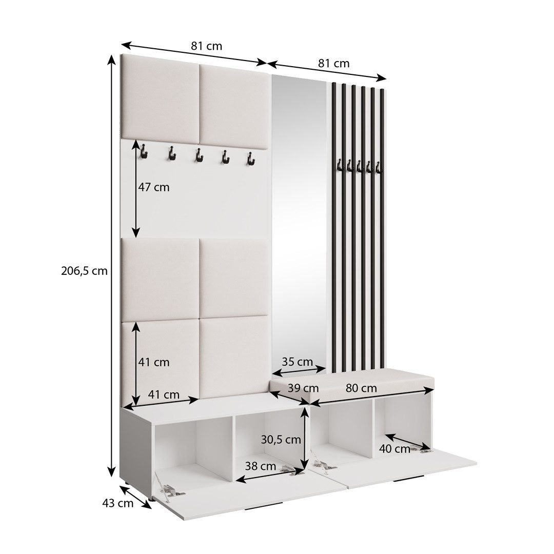 Beautysofa Garderobenschrank mit gepolsterten Paneelen und dekorativen Lamellen MARGARET I+II (Elegante Kleiderbügel) Zwei abschließbare Schuhschränke