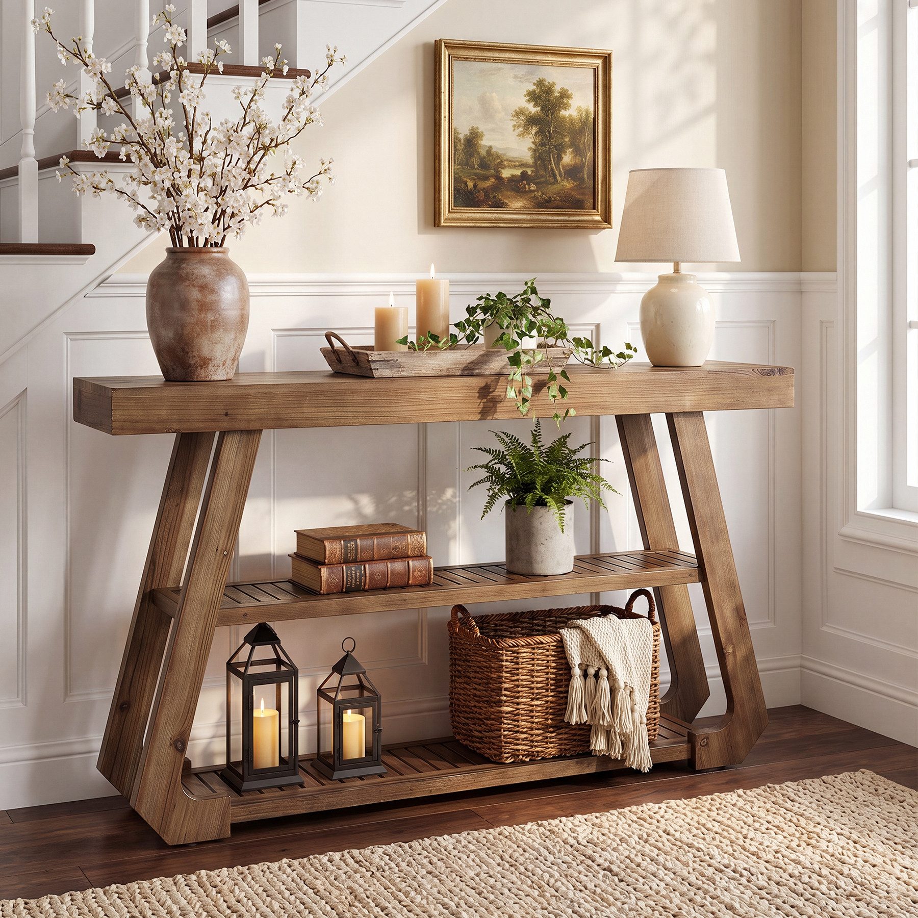 Tribesigns Konsolentisch 105 cm Flurtisch aus Massivholz mit 3 Ablagen, Schmaler Sofatisch im Landhausstil mit A-Gestell – Bild 3 von 5