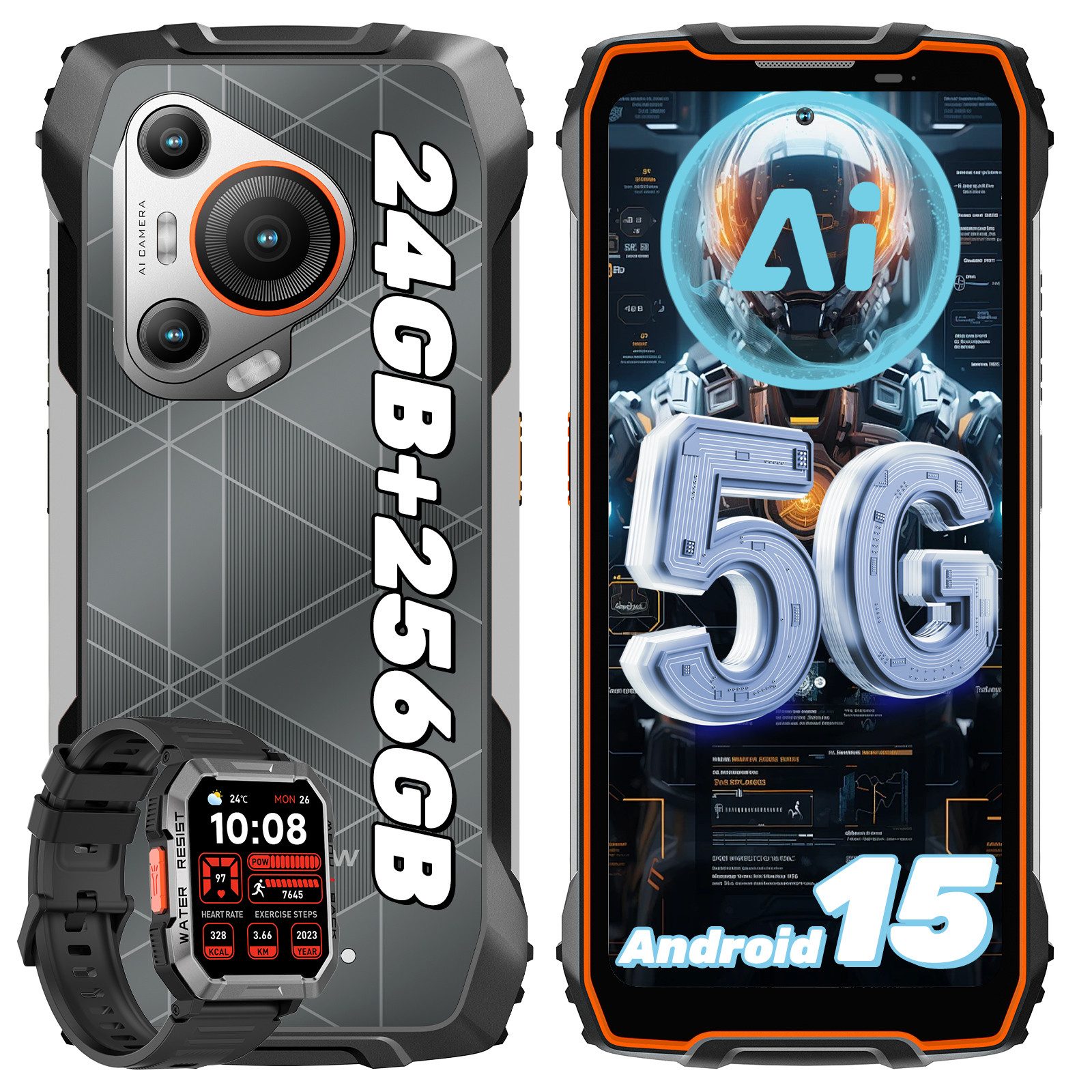 blackview BL7000 5G incl. W60 Smartwatch Outdoor Smartphone (256 GB Speicherplatz, 50 MP Kamera, 6.78”, 2.4K, 750Nits, 120Hz, Dimensity 6300, NFC,7500mAh, 33W)