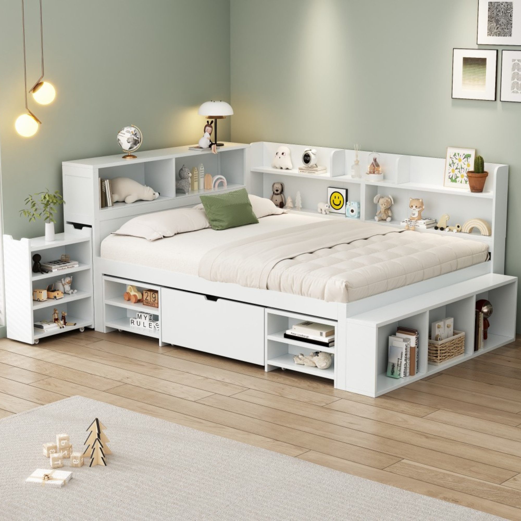Ulife Kinderbett 90×200 & 140×200 cm mit Stauraum, L-förmiges Schlafsofa (Ohne Matratze), mit Schubladen, Bücherregal und Stauschrank, 140x200cm – Bild 5 von 5