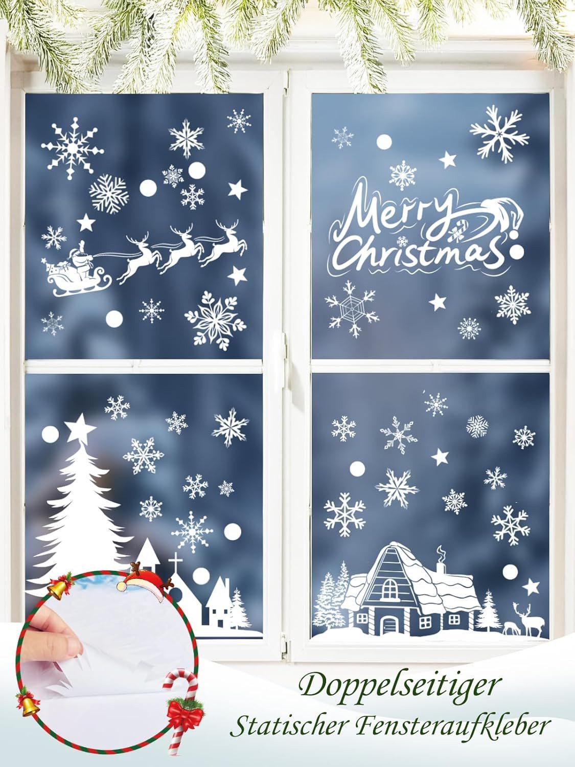 Stelby Fensterdekoration Fenstersticker Weihnachten, 230-teilig, Wintermotive, statisch haftend, wiederverwendbar, PVC Fensterfolie für Fenster & Türen – Bild 5 von 5