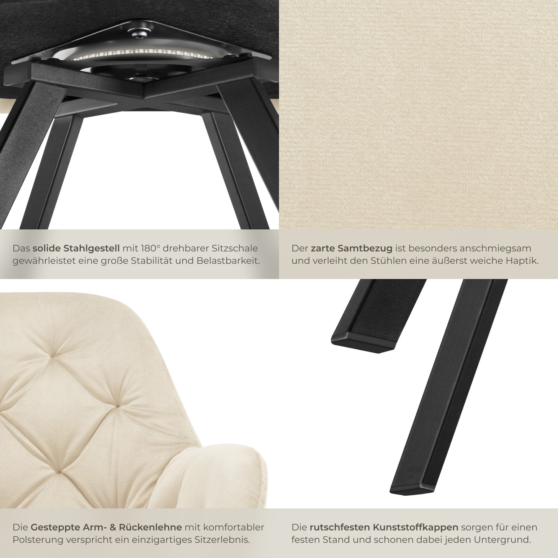 tectake Esszimmerstuhl Samt-Armlehnstuhl gepolstert, mit Steppmuster, 58 x 58 x 87 cm (Bürostuhl Lucia in creme, 4 St), 180° drehbar, Stahlbeine, bodenschonend, – Bild 5 von 5