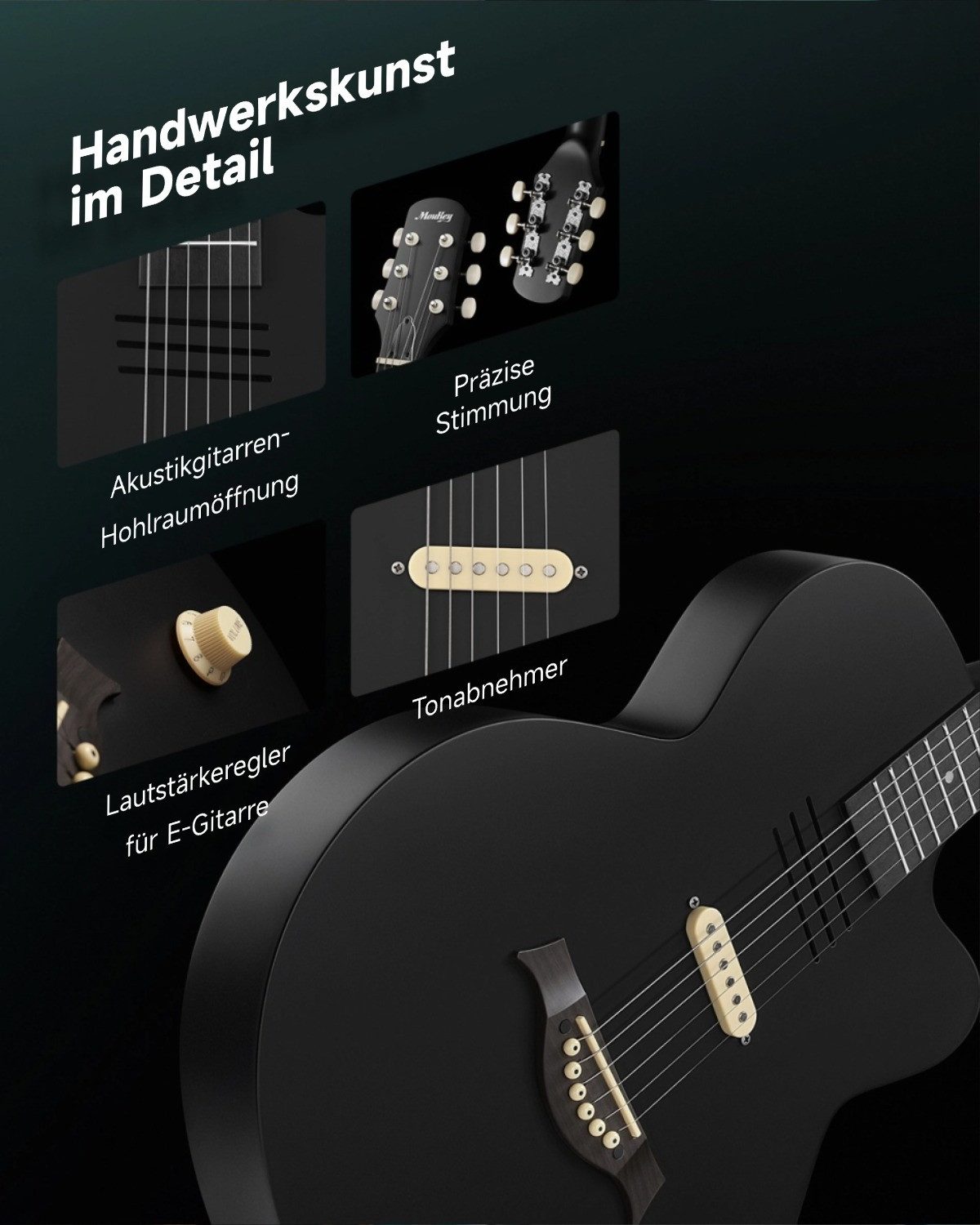 Moukey Akustikgitarre BCC-100 Westerngitarre elektrisch Komplettset inkl. Gigbag Stimmgerät, LP, mit Gigbag, Gurt, Stimmgerät, Schlagbrett, für Anfänger in voll – Bild 4 von 5