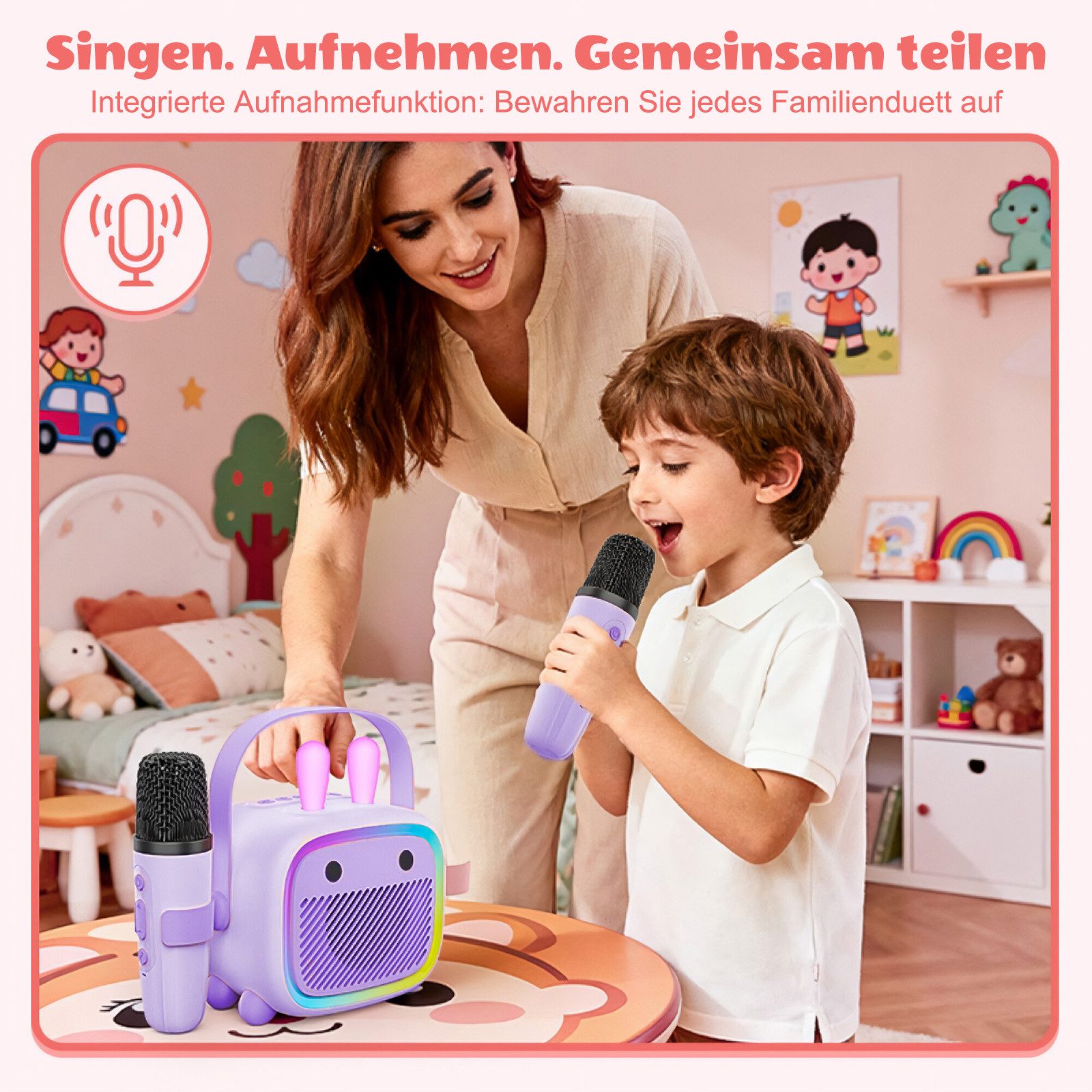 BBG Karaoke-Set für Kinder mit kabellosem Mikrofon & lustigem Design Karaoke-Maschine (5 W, Tragbarer Bluetooth-Lautsprecher mit Lichtshow und Stimmverzerrer)