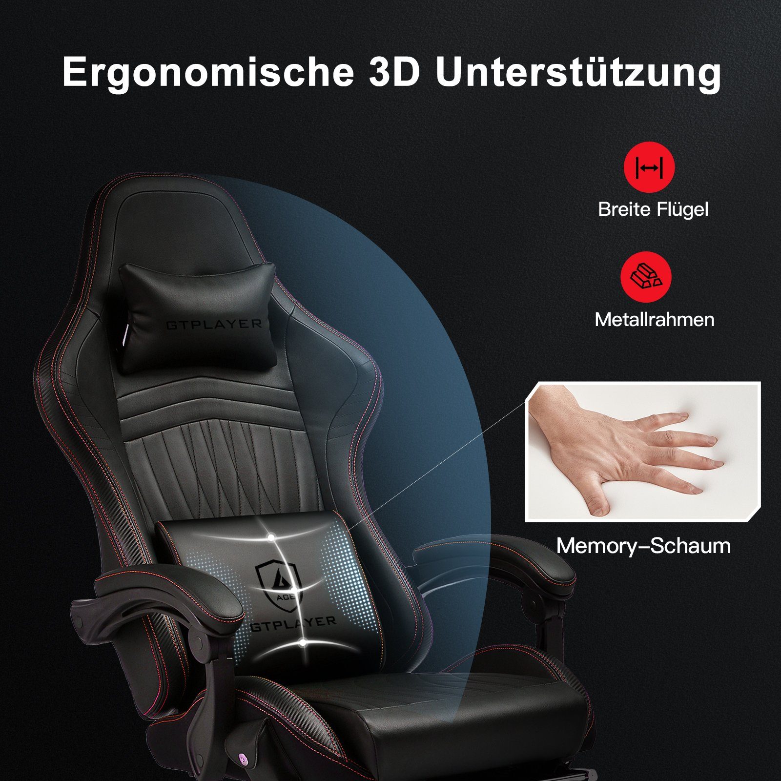 GTPLAYER Gaming-Stuhl ergonomischer Bürostuhl mit HIFI Stereo Lautsprecher, Verbindungsarmlehen beeindrukende Klang-atmosphäre – Bild 2 von 5