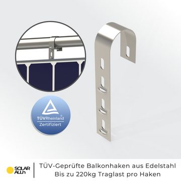 smartEC Balkonhaken 2er Montageset Solarmodul-Halterung, (Schutzstreifen TÜV geprüft Winkel einstellbar 0-15° Geländer Haken)