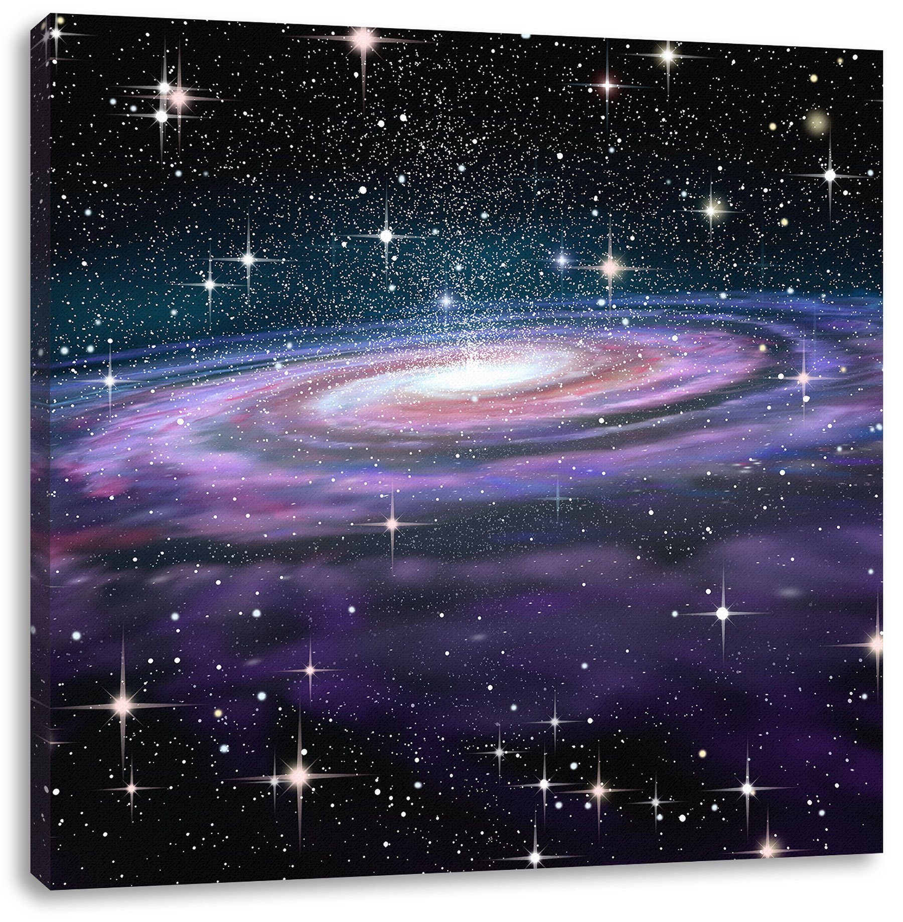 Leinwandbild im (1 Weltall bespannt, Spiralgalaxie inkl. Pixxprint im Zackenaufhänger Weltall, St), fertig Leinwandbild Spiralgalaxie
