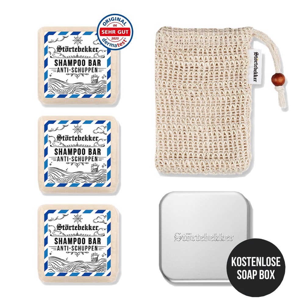 Störtebekker Festes Haarshampoo Duschset Hair - 3x festes Shampoo mit Sisal Soap Bag & Seifendose