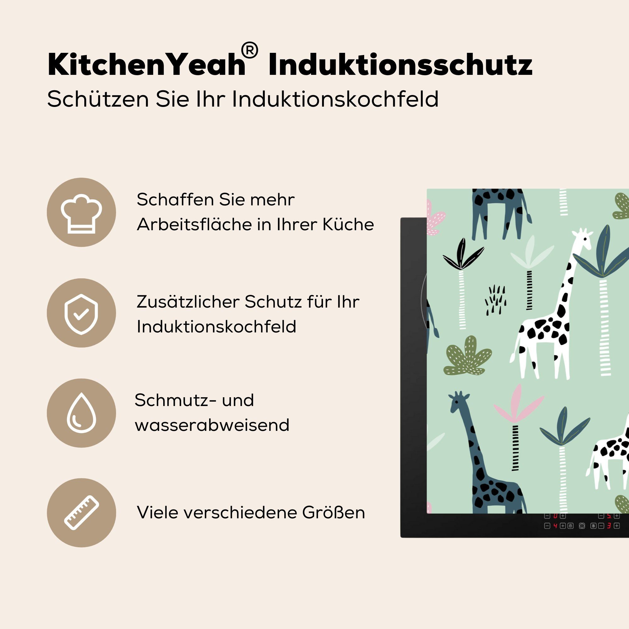 Induktionskochfeld (1 Herdblende-/Abdeckplatte Grün, cm, die Schutz - küche, Baum Vinyl, tlg), 81x52 Giraffe MuchoWow - für Ceranfeldabdeckung