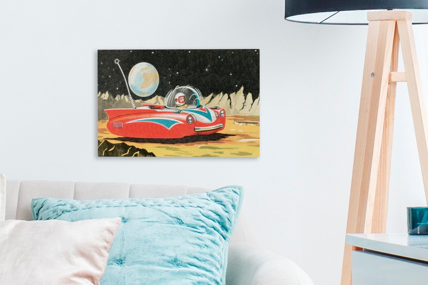 cm (1 Wandbild 30x20 St), Mannes eines dem Eine OneMillionCanvasses® Leinwandbild Science-Fiction-Illustration Mond, auf Wanddeko, Leinwandbilder, Aufhängefertig,