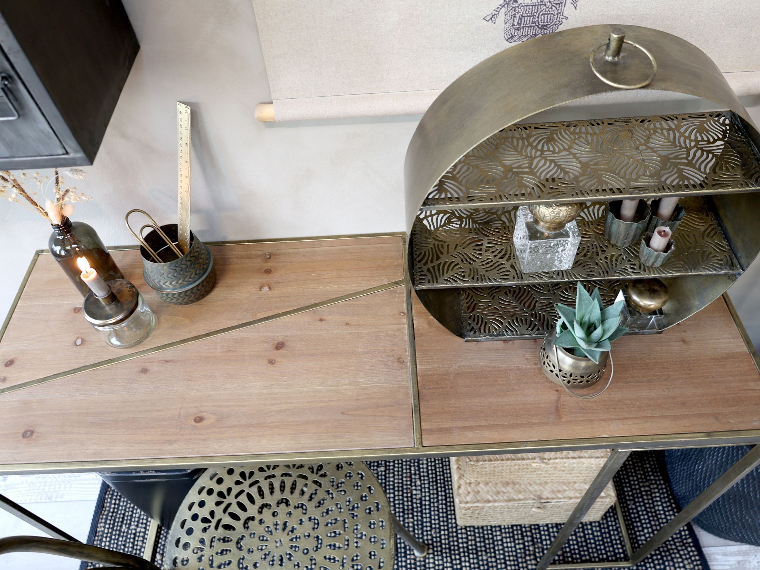 Chic Antique Schreibtisch Schreibtisch Konsole Industrial Boheme Metall Messing Holz