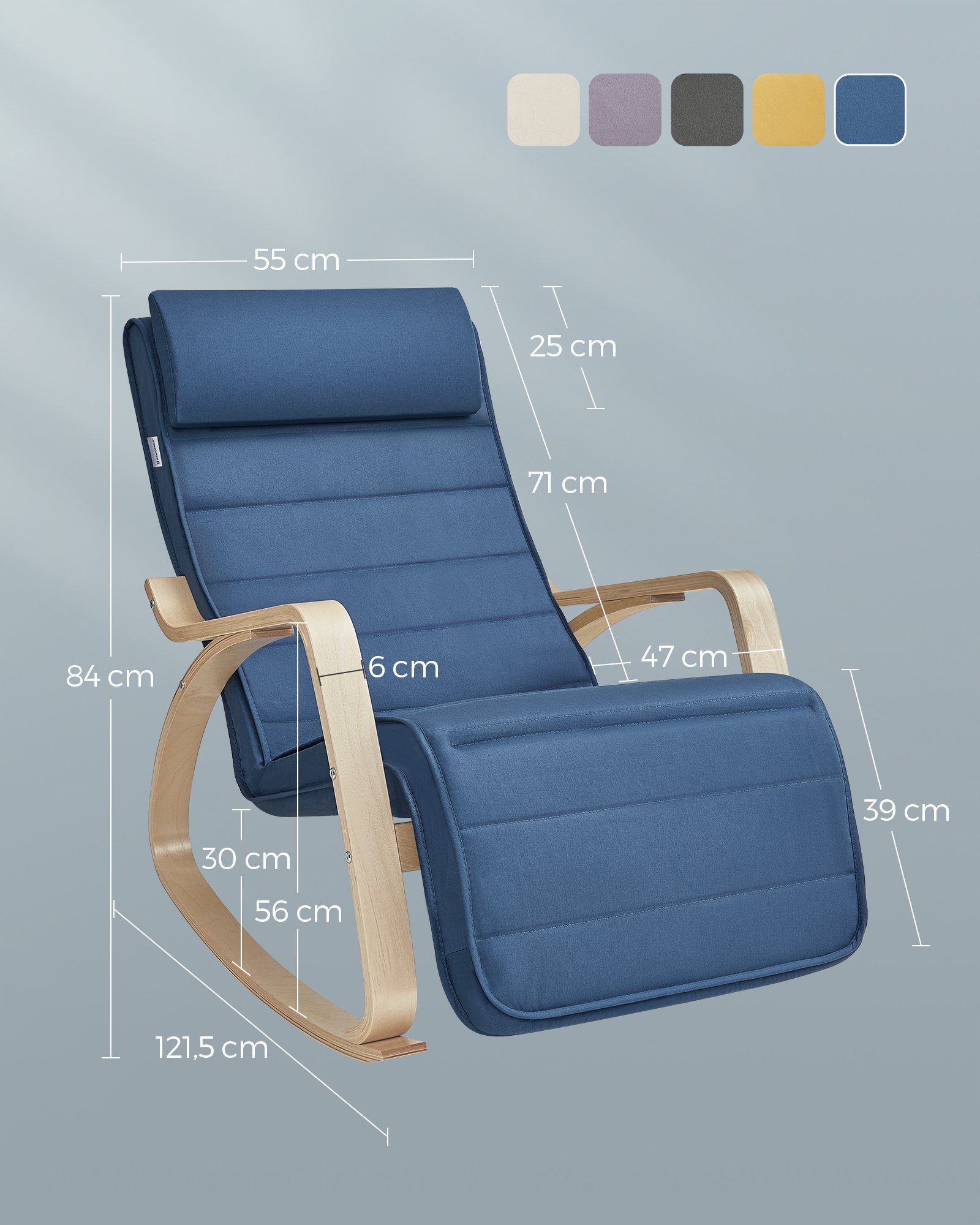 SONGMICS Schaukelsessel Schaukelstuhl, für Schlafzimmer, Wohnzimmer, 67 x 115 x 91 cm (mit Armlehnen aus Birkenholz), 5-fach verstellbare Fußstütze, bis 150 kg  – Bild 5 von 5