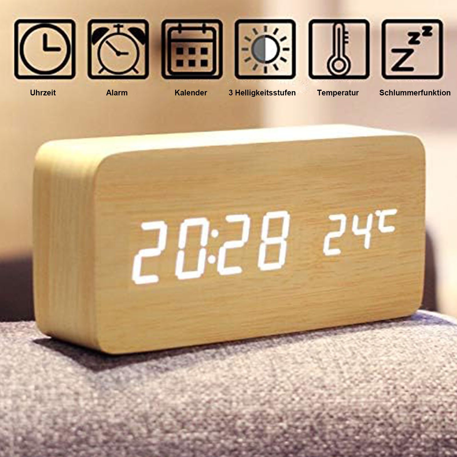 OKWISH Wecker LED Digital Uhr Wecker Holz Tischuhr Geräuschloser Betrieb US günstig online kaufen