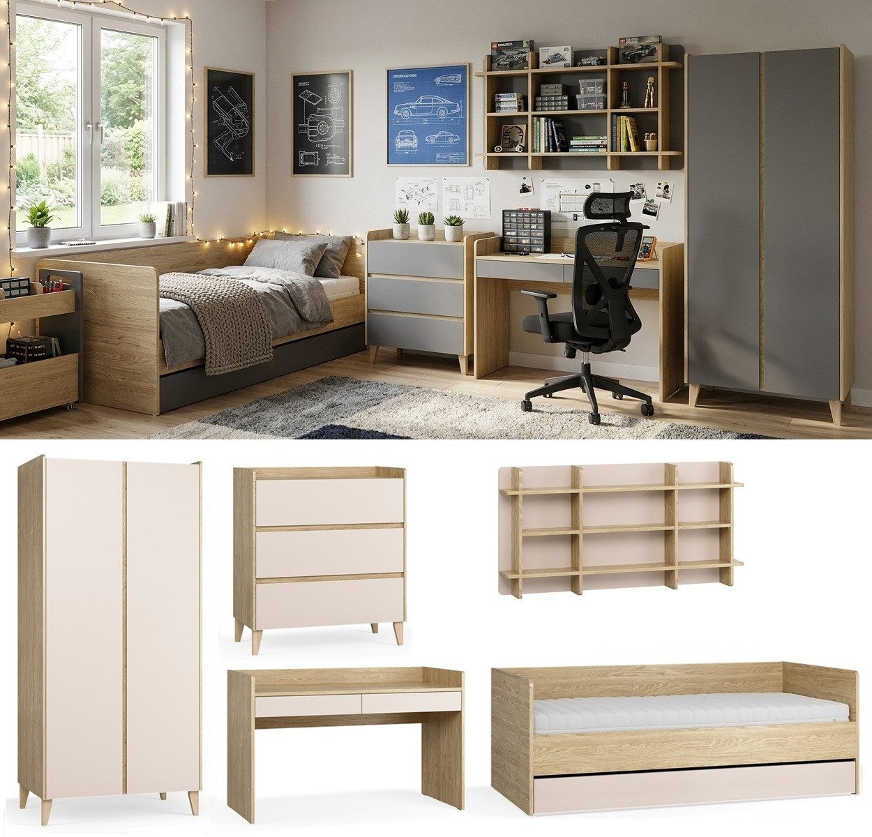 QMM TraumMöbel Jugendzimmer-Set kompett Milan Set A, (Set, 5-tlg., Schrank 2T, Kommode, Schreibtisch, Bett 200x90, Wandboard), Bett in 3 Ausführungen
