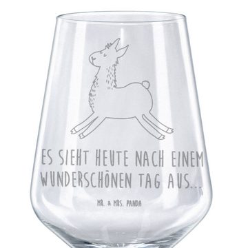 Mr. & Mrs. Panda Rotweinglas Lama Springen - Transparent - Geschenk, Rotweinglas, Hochwertige Wein, Premium Glas, Spülmaschinenfest