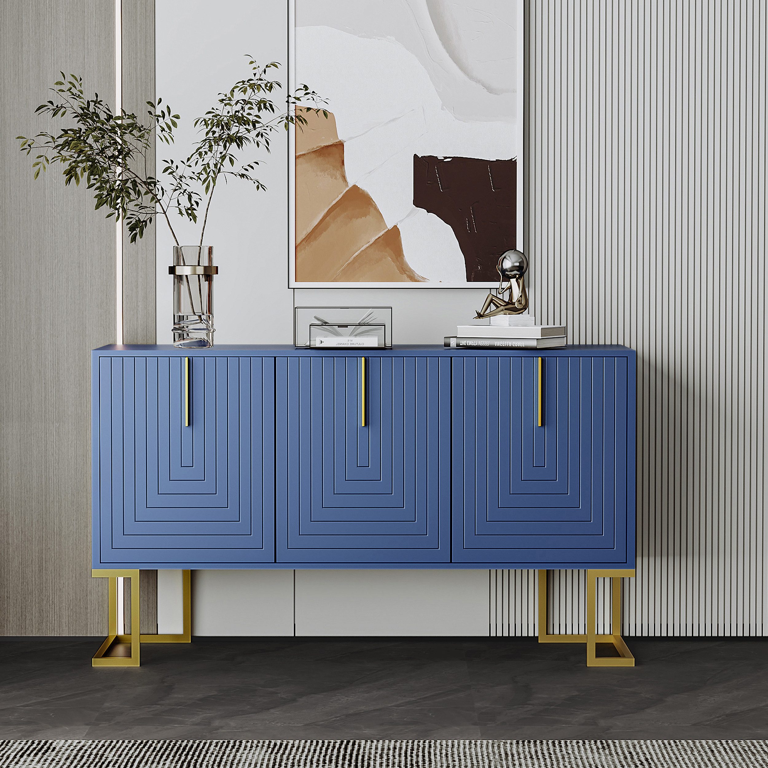 IDEASY Sideboard Kabinenschrank mit verstellbaren Regalen, Schwarz (U-förmigen Schranktüren und Metallgriffen und Sockel), für Esszimmer und Küche, 6 Fächer,138*80.5*40cm