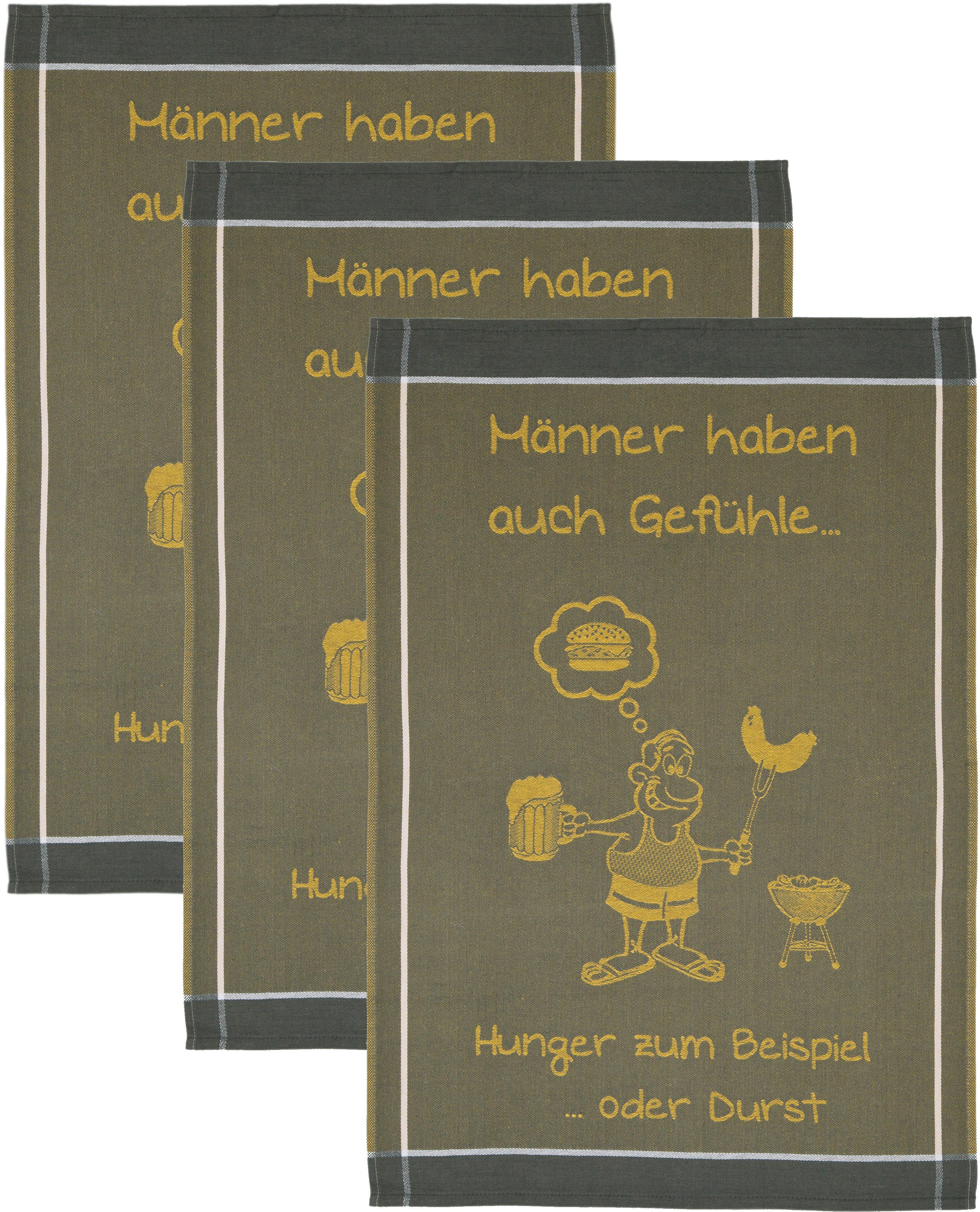 ROSS Geschirrtuch Männer haben auch Gefühle… Hunger zum Beispiel oder Durst, (Set, 3-tlg), Sprüchetuch, aus 100% Baumwolle