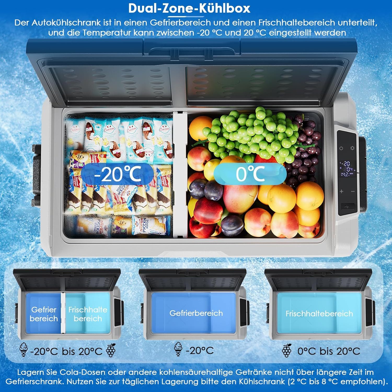 TLGREEN Kühlbox Kompressor Kühlbox 32L, bis -20℃, Zweizonen-Temperaturregelung, 44 l, MAX/ECO Modus, DC 12/24V, Camping Kühlschrank,Kühlbox Auto