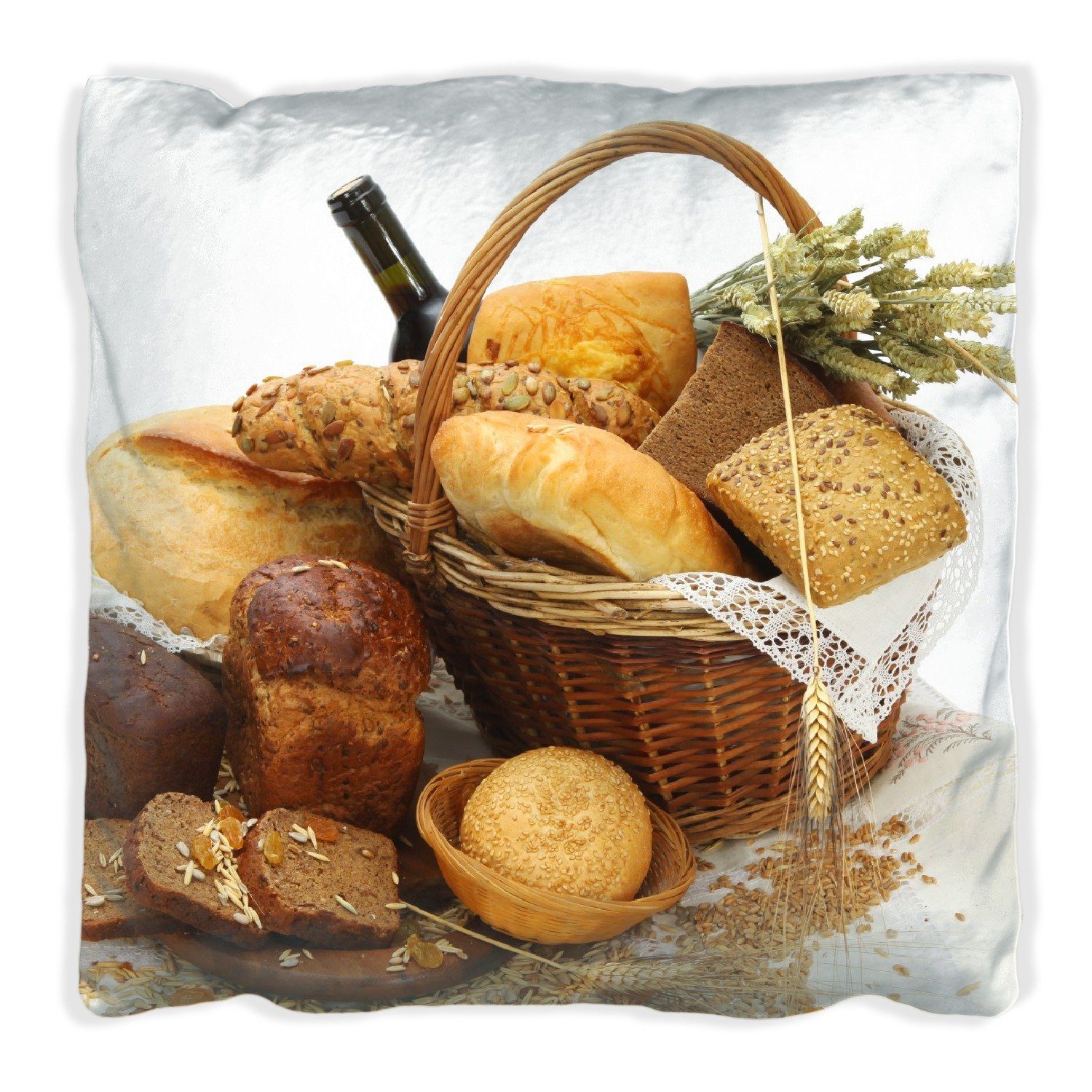 Wallario Dekokissen Brot und Brötchen im eleganten Korb - mit Wein und Getreide, handgenäht