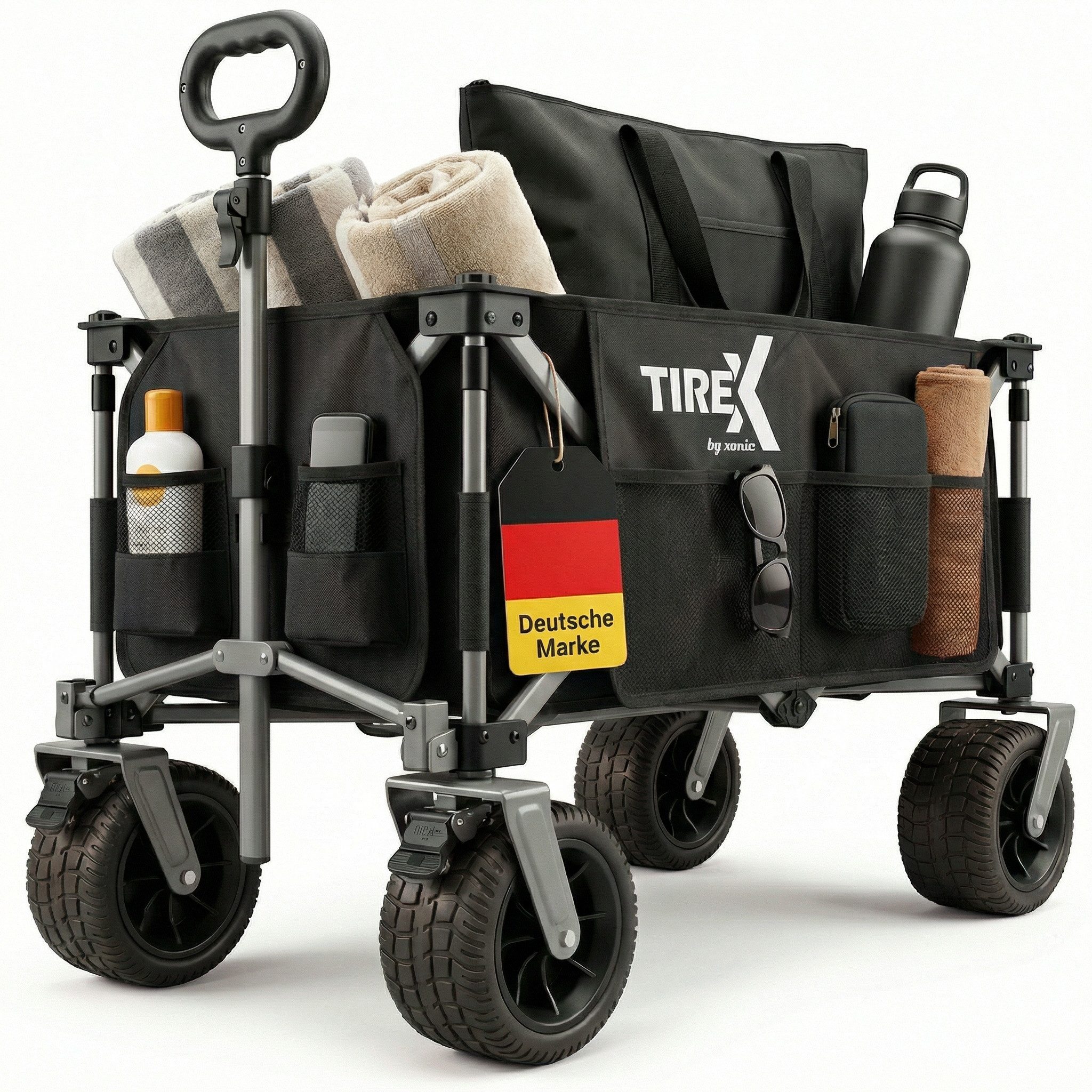 Xonic Bollerwagen TIREX by xonic® Bollerwagen Faltbar PU XL Rädern Fußbremse (Schwarz)