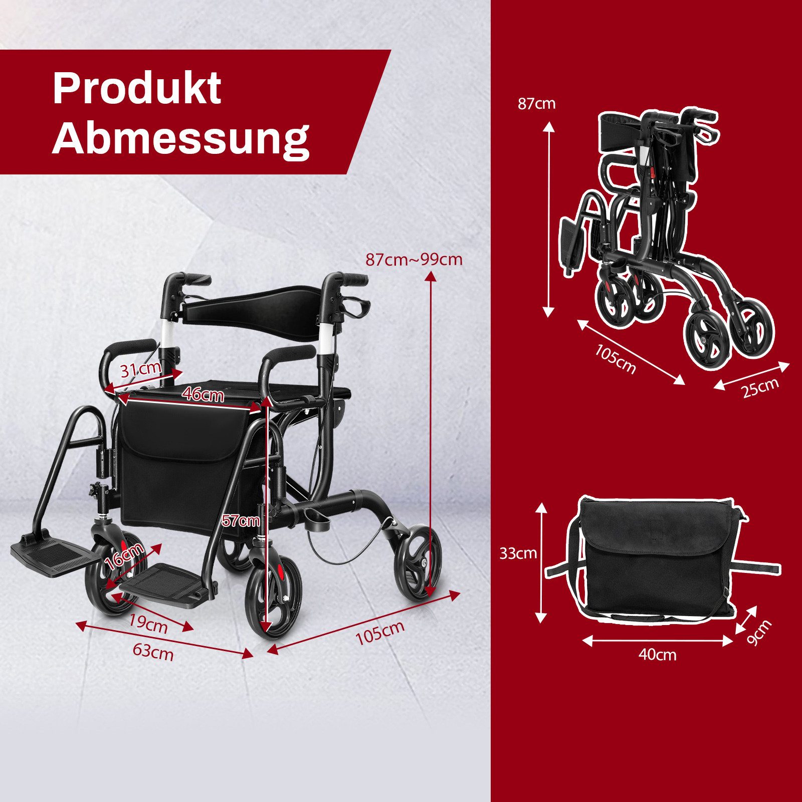 COSTWAY Rollator, mit Tasche, Bremse & Stockhalter, faltbar, höhenverstellbar