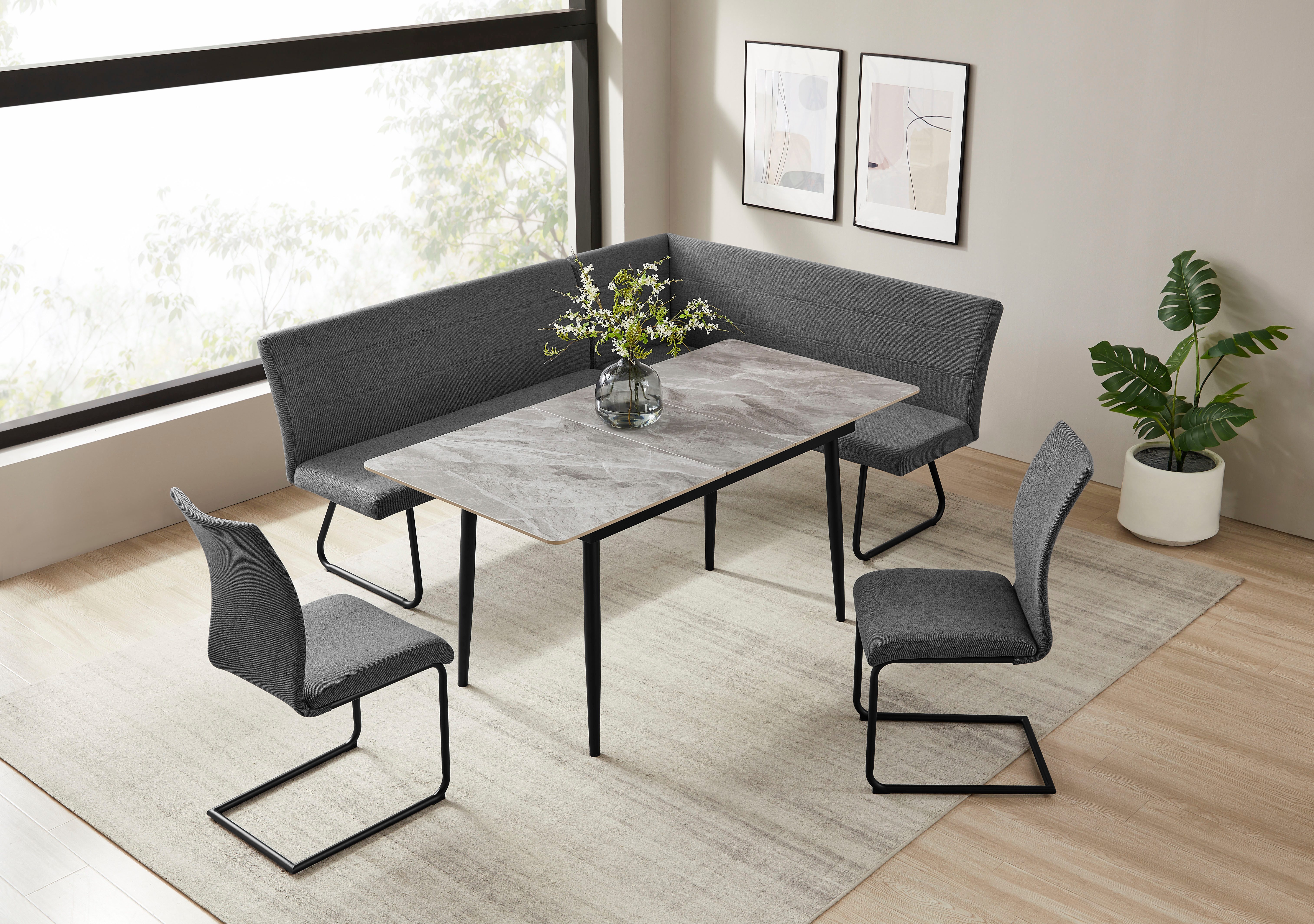 OTTO home Eckbankgruppe Stevian, (Set, 4-tlg., 1 ausziehbarer Esstisch + 1 Eckbank Recamiere links + 2 Stühle), Holz, Strukturstoffbezug, Freischwingerstühle, gesteppten Bänken