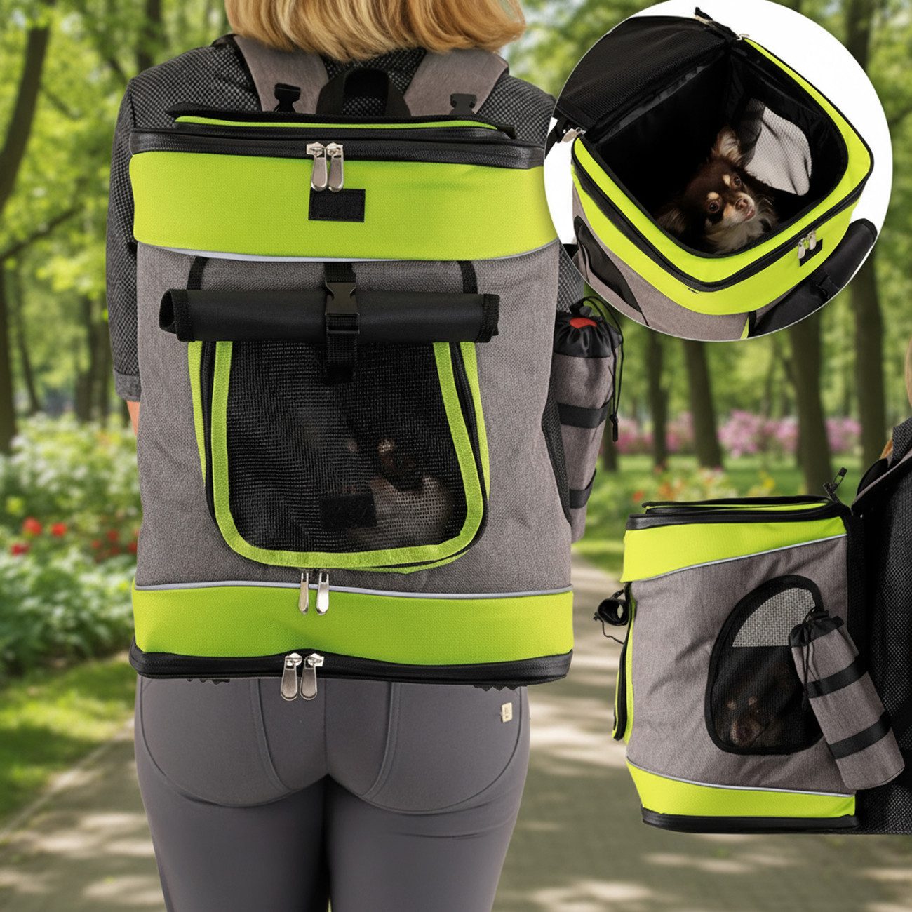 belviona Tiertransporttasche für Hunde & Katzen, Rucksack stabil & sicher, grau/grün bis 14 kg, mit Belüftung, Trinkflaschenfach & Regenschutz
