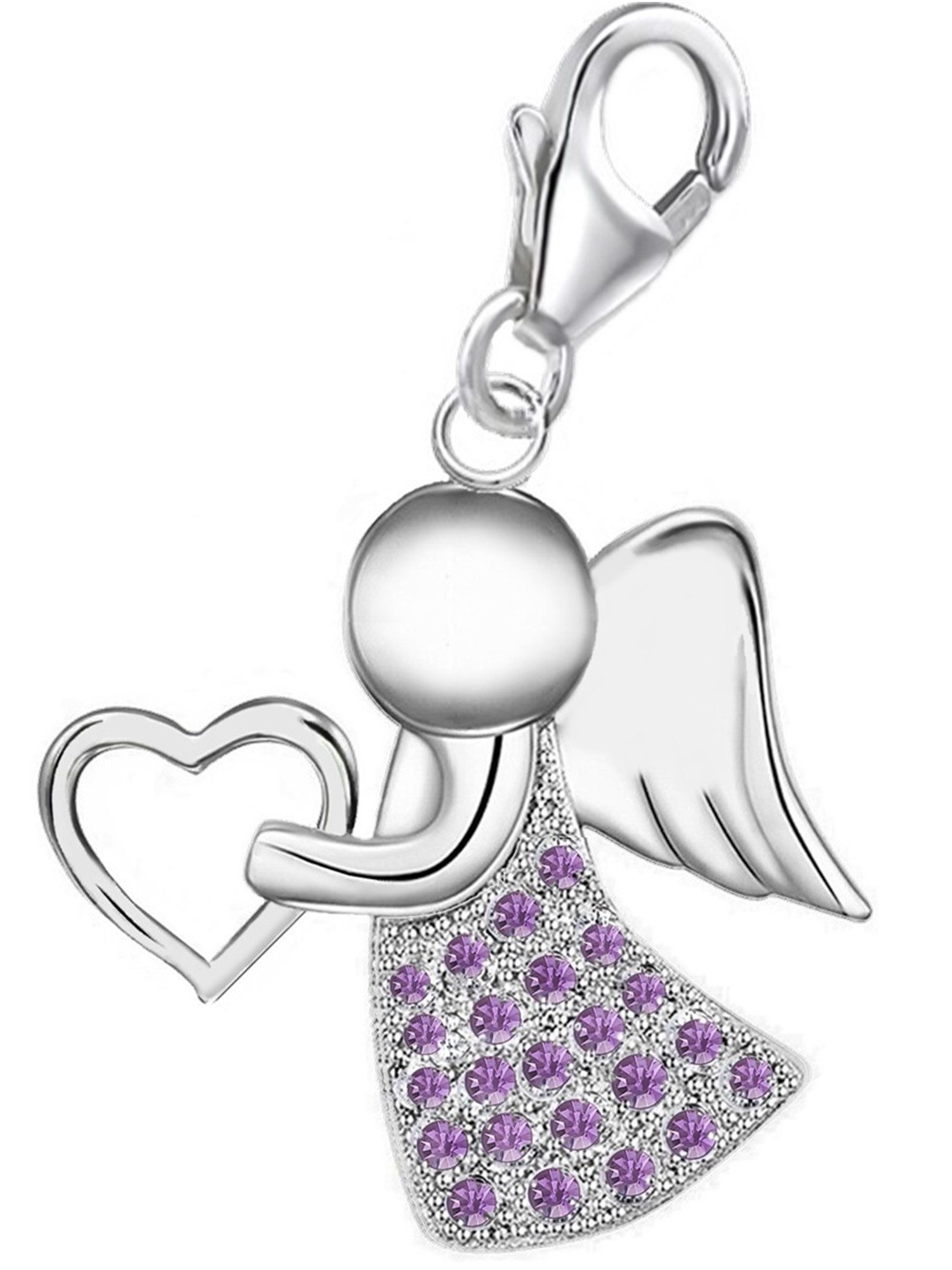 Goldene Hufeisen Charm Engel Zarte Eleganz - Echtsilber Engel Anhänger geschmückt mit lila Zirkonia (inkl. Etui), 925 Sterling Silber, Hypoallergen