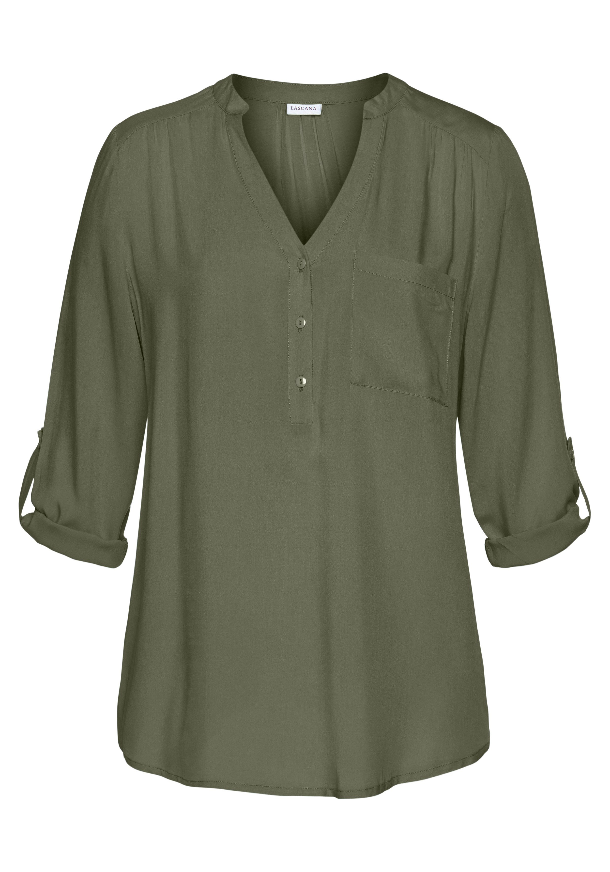 LASCANA Schlupfbluse mit 3/4-Ärmeln und kurzer Knopfleiste lockere Damenbluse, Blusenshirt mit Krempelärmel, Business, Basic – Bild 2 von 5