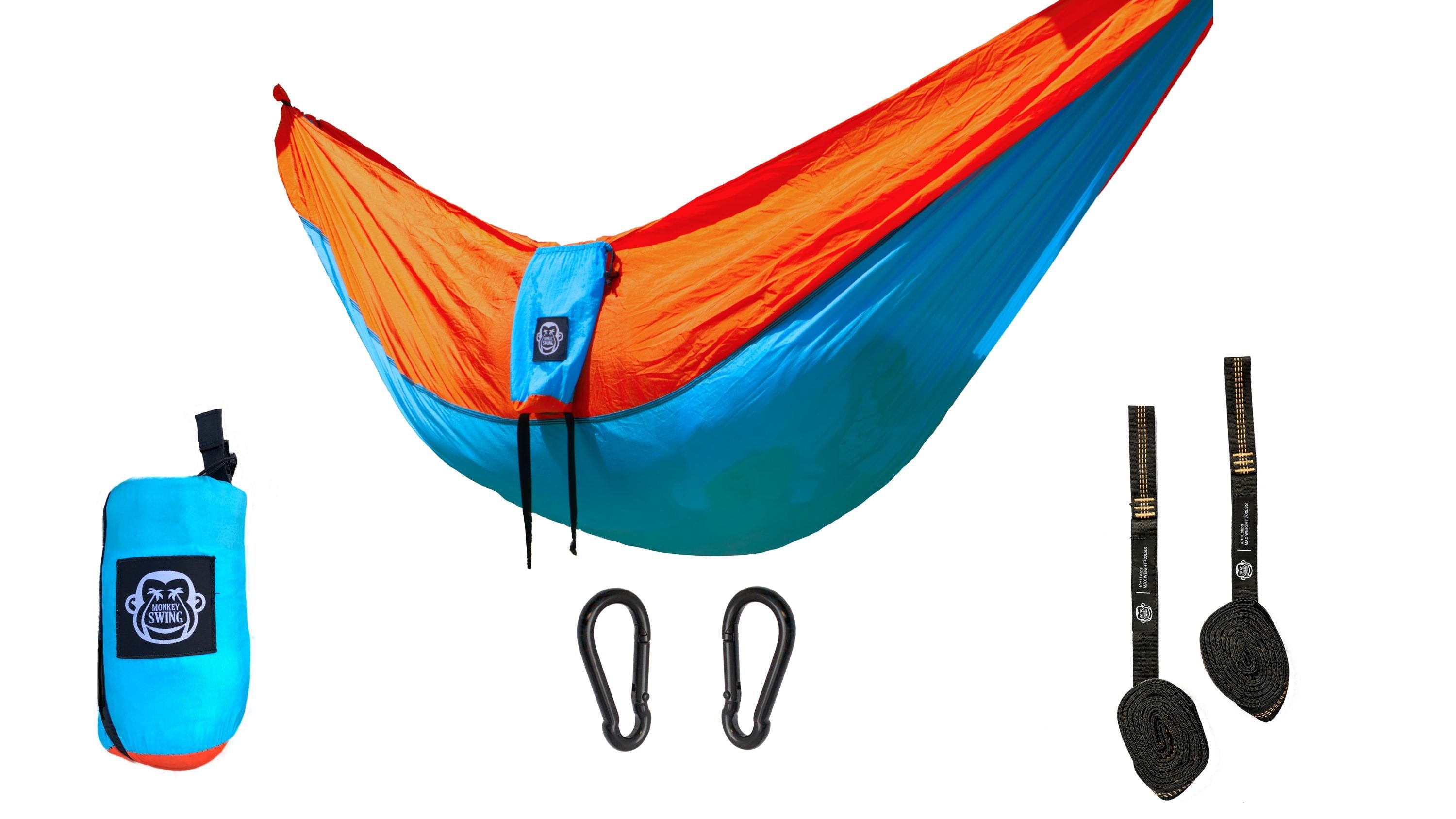 Monkey Swing Hängematte inkl. Aufhängeset, 270x140cm, Reisehängematte Outdoor ultraleicht Hellblau/Orange