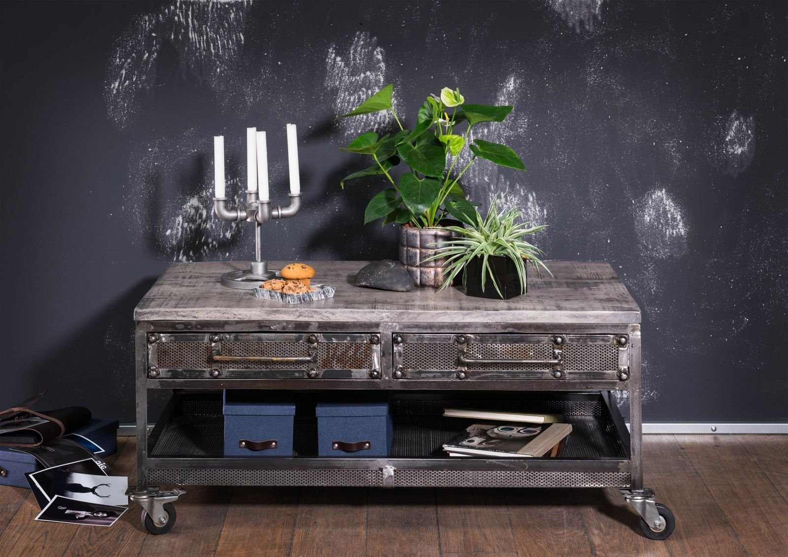 Massivmoebel24 Couchtisch HEAVY INDUSTRY (Massivholz, Massivholztisch), Couchtisch Mango 110x60x50 grau lackiert HEAVY INDUSTRY #122