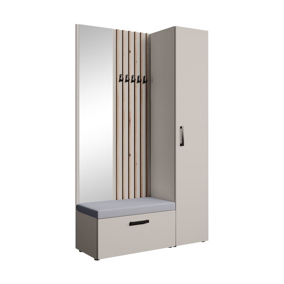 Beautysofa Garderoben-Set MARGARET Flurgarderobe mit Spiegel, (Kleiderschrank, Schuhschrank, Sitzbank, Kleiderstange, Flurmöbel-Set mit Lamellen), verschiedene Farben und Breiten