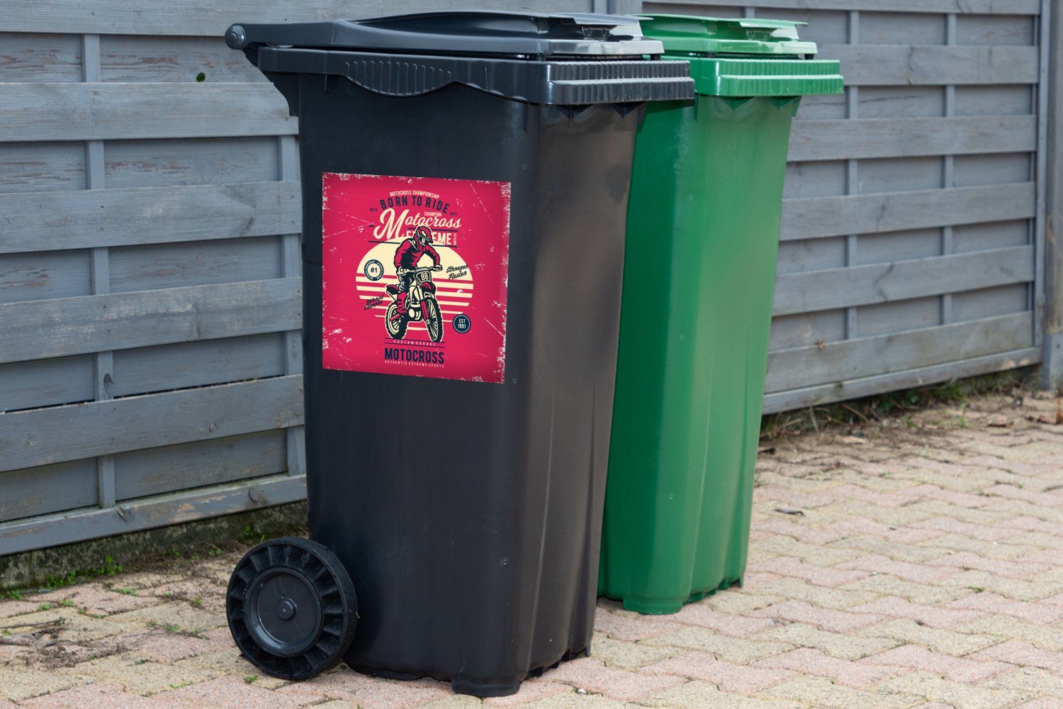 Mann Abfalbehälter Retro MuchoWow Wandsticker Motocross - Sticker, Mülleimer-aufkleber, Mülltonne, St), - - Zeichnung (1 Container,
