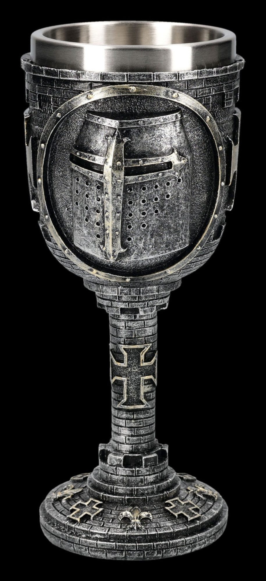 Figuren Shop GmbH Becher Ritter Kelch Helm Motiv Mittelalter Trinkkelch 200 ml Silber Weinkelch, Kunststein (Polyresin), Edelstahl