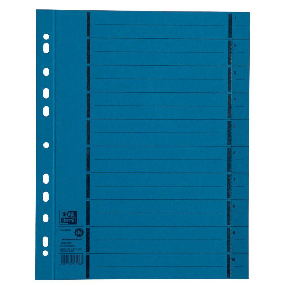 OXFORD Aktenordner 100 Trennblätter 1-10 liniert Kraftkarton A4 blau