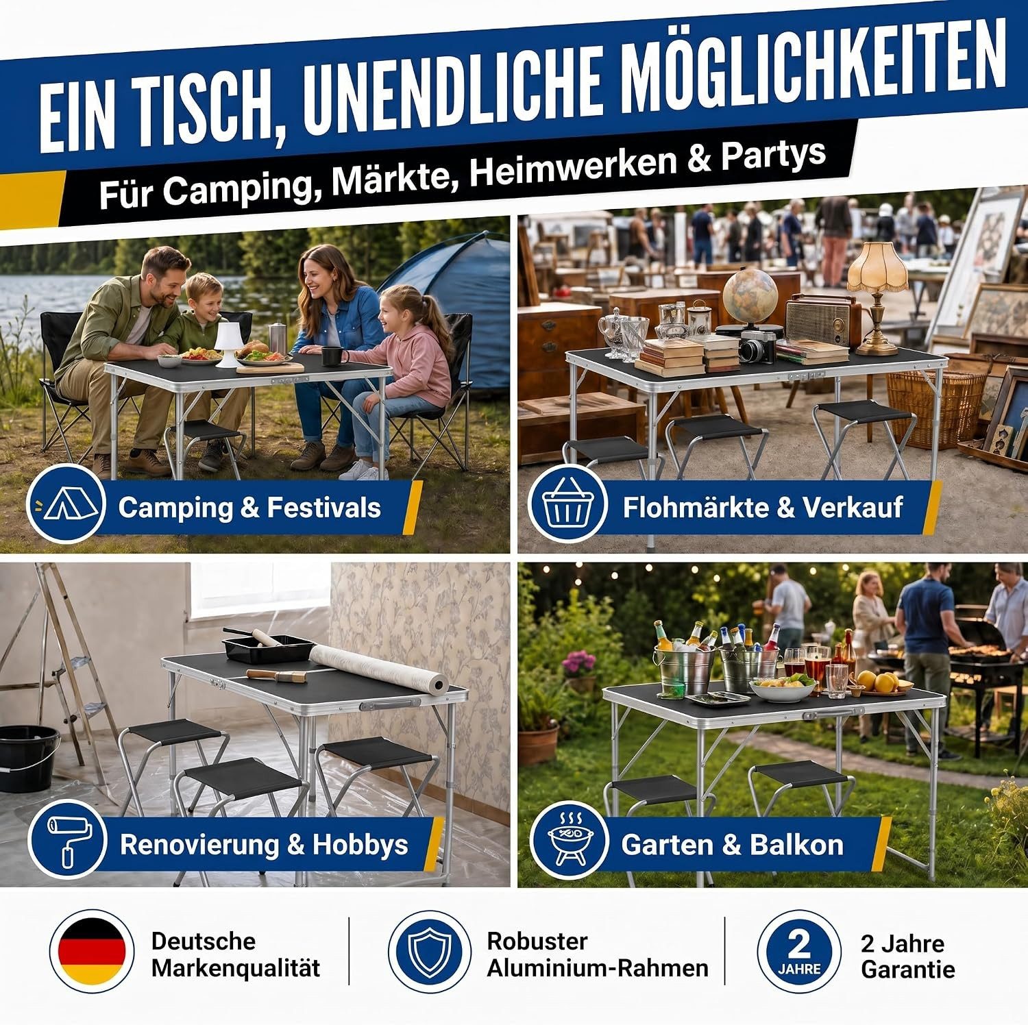 Goods+Gadgets Klapptisch Höhenverstellbarer Tisch Set mit 4 Stühlen Klapptisch Camping&Garten (Mehrzwecktisch, Campingtisch Markttisch), Multifunktionstisch mit 4 Stühlen - Schwarz