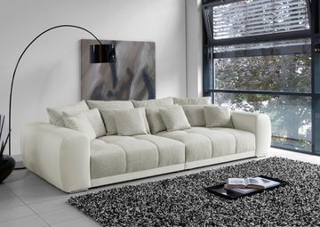 luma-home Big-Sofa 15113, XXL-Couch 306x134 cm mit Federkernpolsterung, viele Kissen, markante Steppungen, Kunstleder Weiß, Web-Strukturstoff Grau Beige