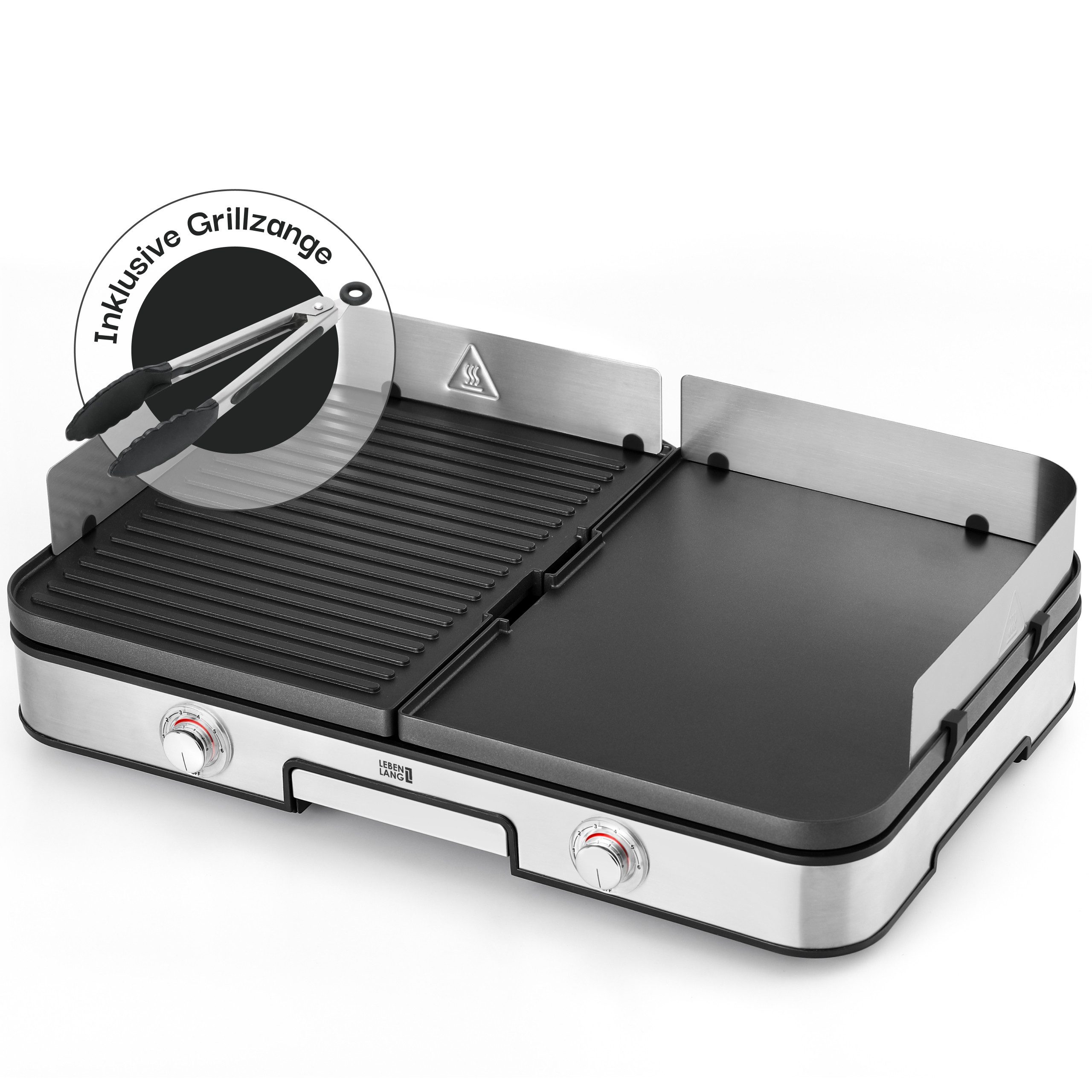Lebenlang Tischgrill 2400W Elektrogrill inkl. Grillzange & Spritzschutz, 2400,00 W, 2 wendbare Grillplatten glatt/gerippt,2 Temperaturregler, In-&Outdoor