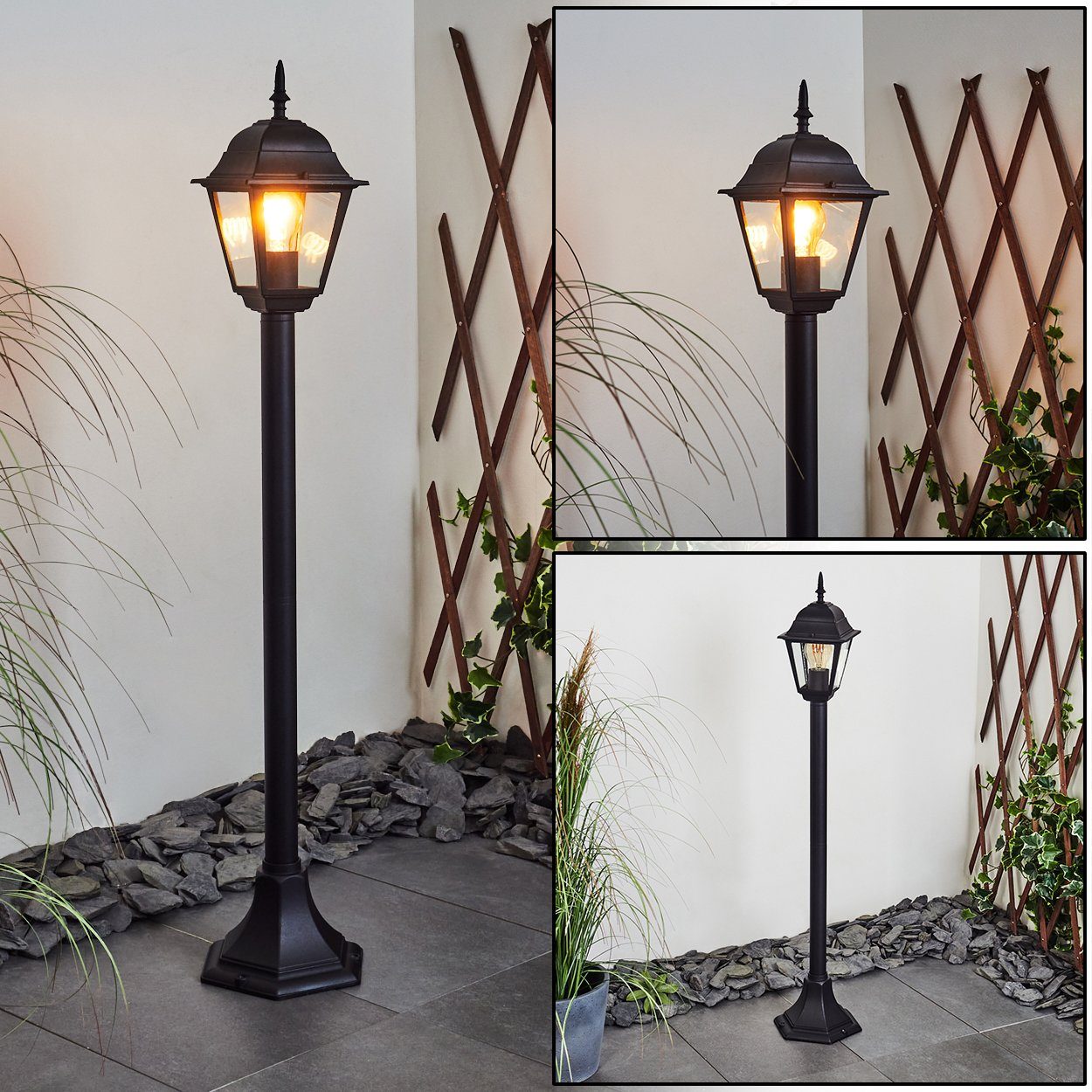 hofstein Pollerleuchte »Quartucciu«, Außenlampe in antikem Look aus  Metall/Glas in Schwarz/Klar, Retro/Vintage Gartenlampe 105,5 cm,  Wegeleuchte m. Klarglas-Scheiben für Terrasse/Hof, 1 x E27 max. 40 Watt,  IP43