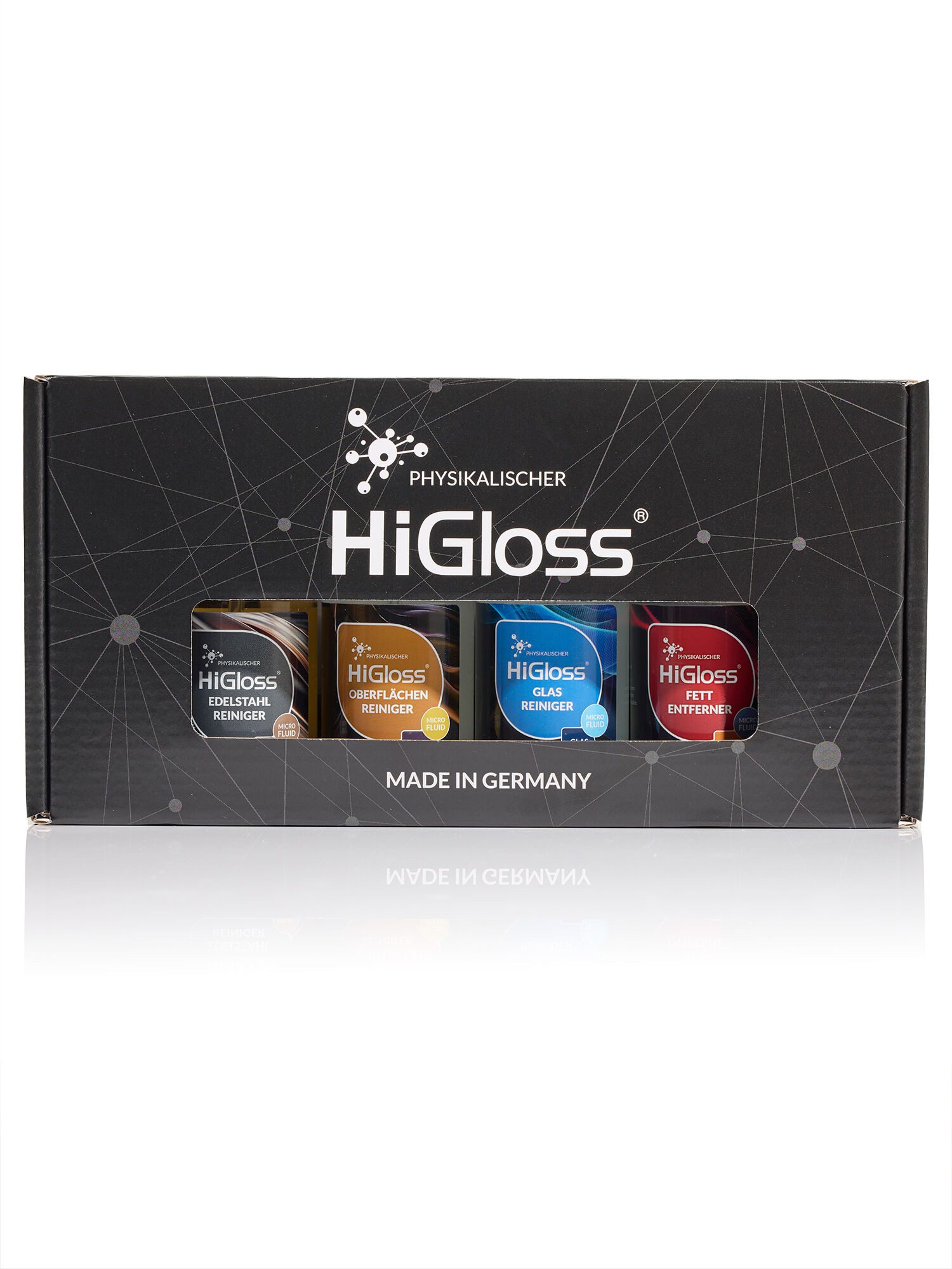 HiGloss Physikalische Reiniger, 4er-Set, Probierpaket Allzweckreiniger (4-St. 4 x 100ml geeignet für Edelstahl, Oberflächen, Fett & Glas, umweltfreundlich)