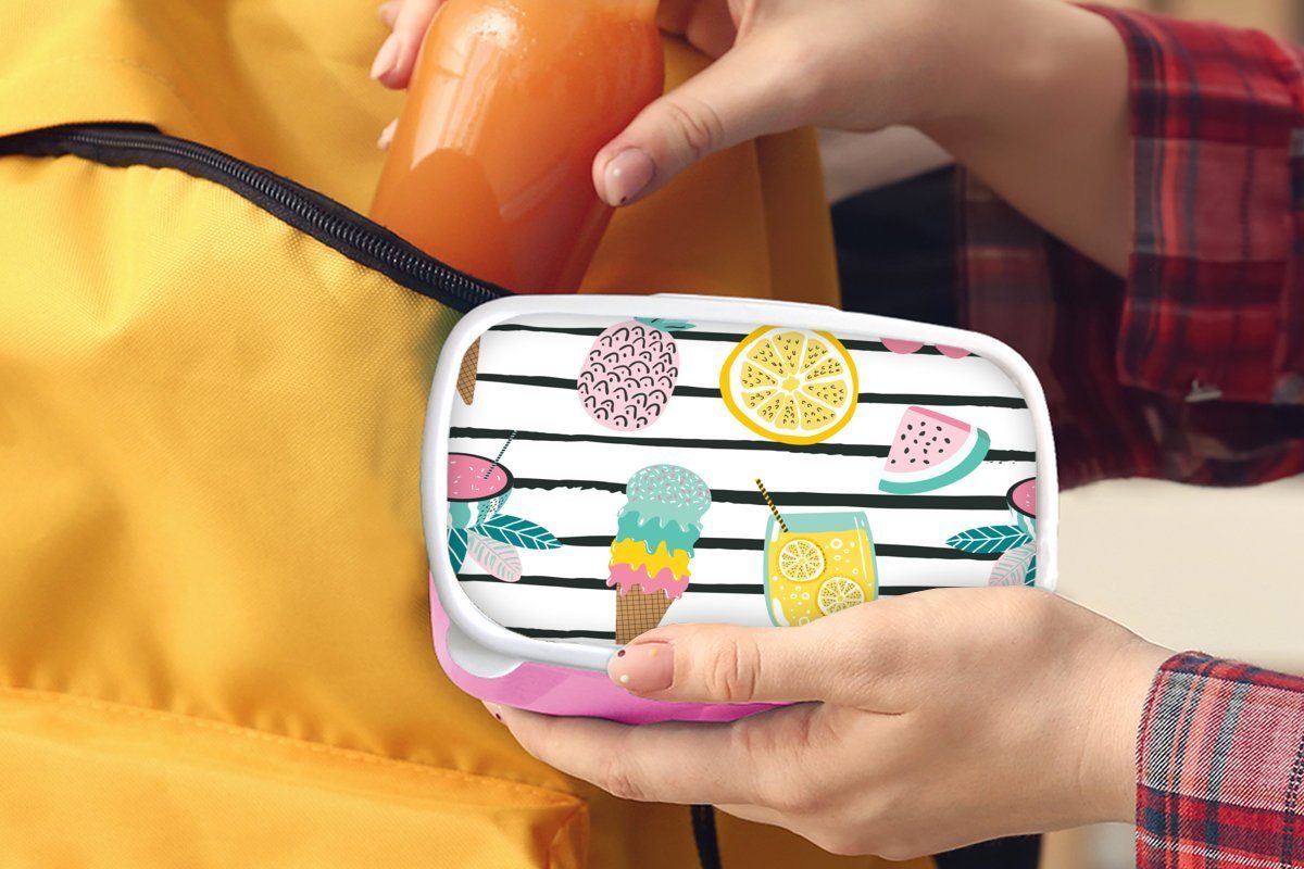 - Sommer Kunststoff Brotdose Snackbox, Erwachsene, - Mädchen, rosa Kunststoff, Kinder, Streifen, (2-tlg), MuchoWow Elemente für Lunchbox Brotbox