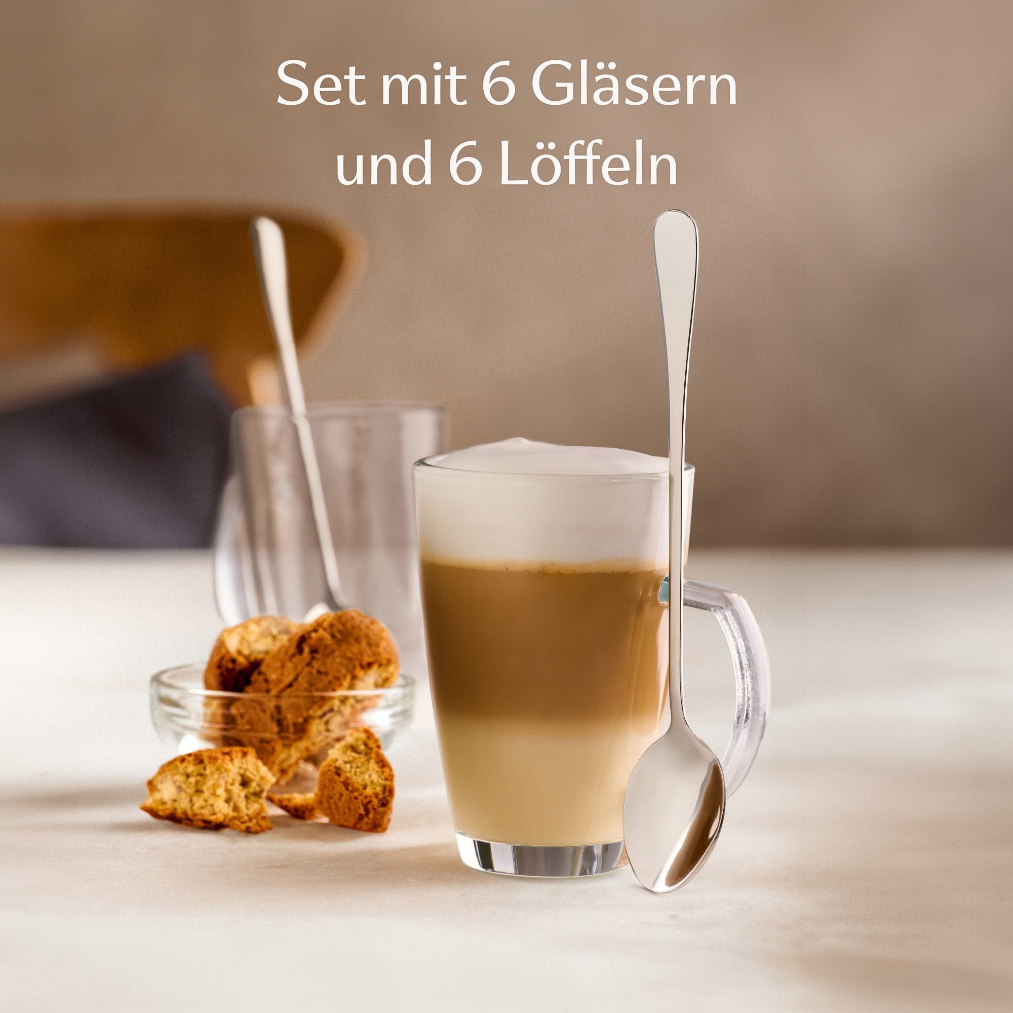 Cosumy Latte-Macchiato-Tasse 6er Latte Macchiato Gläser Set mit Henkel und Löffel - 300ml, 6-tlg., Glas, warm