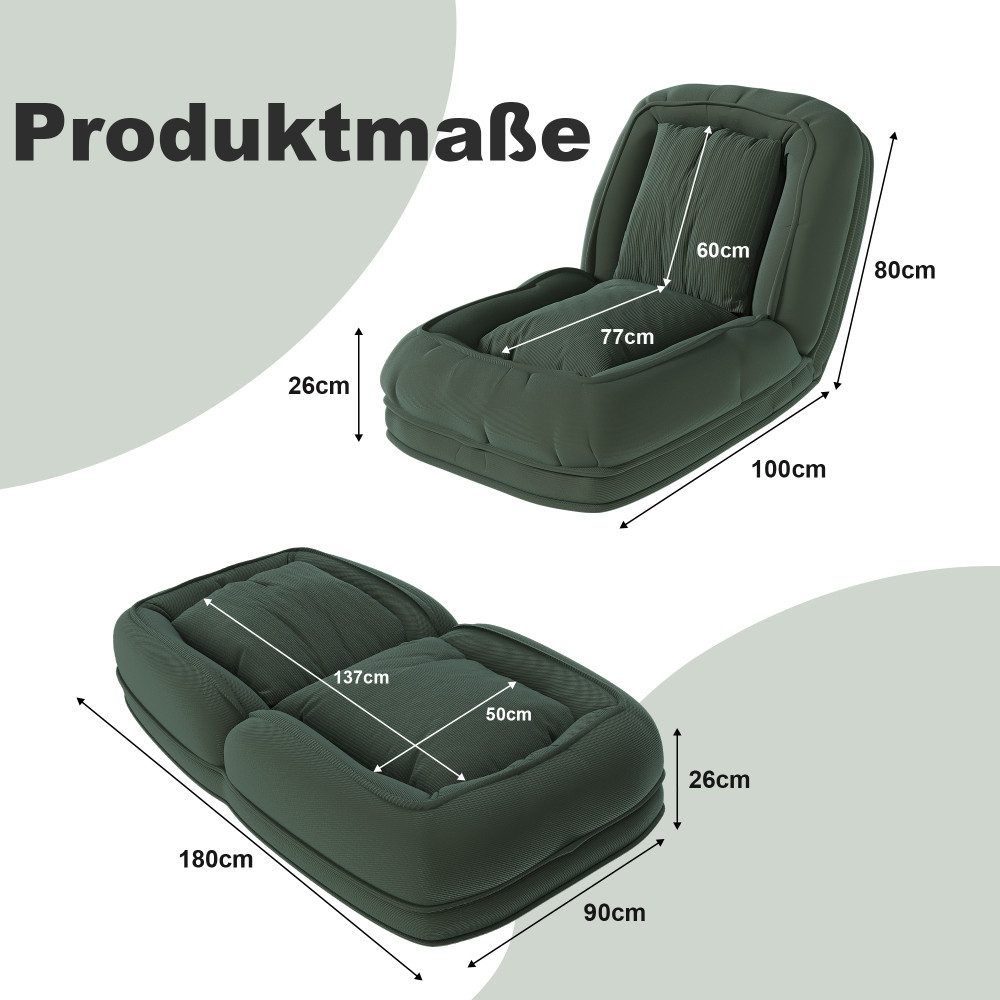 BBWL Schlafsofa 5-fach verstellbar 90–180° Multifunktions-Liege mit Kissen, Klappbares ergonomisch für Wohnzimmer Schlafzimmer Haustier geeignet – Bild 4 von 5