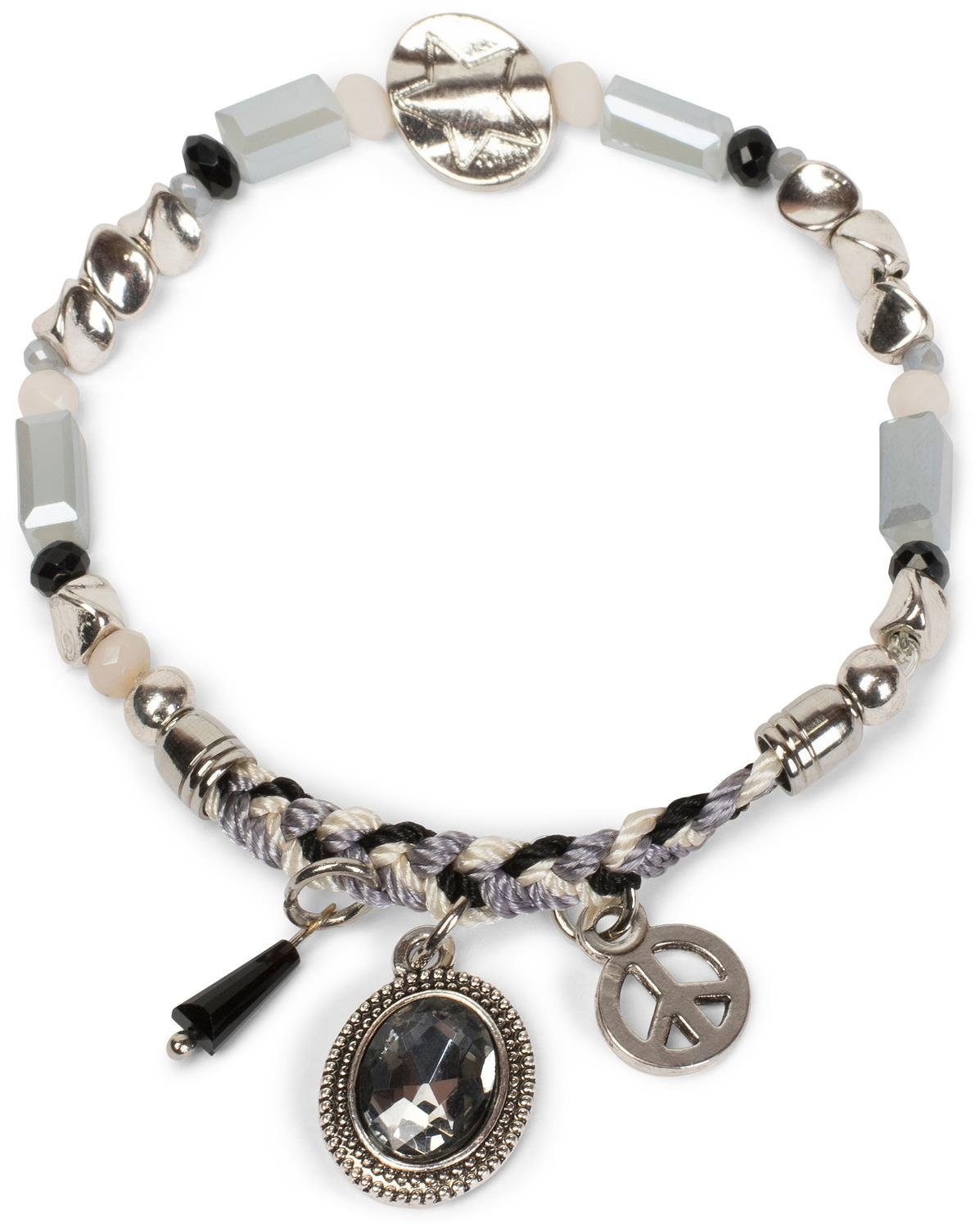Damen Schmuck styleBREAKER Armband Armband mit verschiedenen Perlen, Schmuckstein und Flechtteil, Armband mit verschiedenen Perl