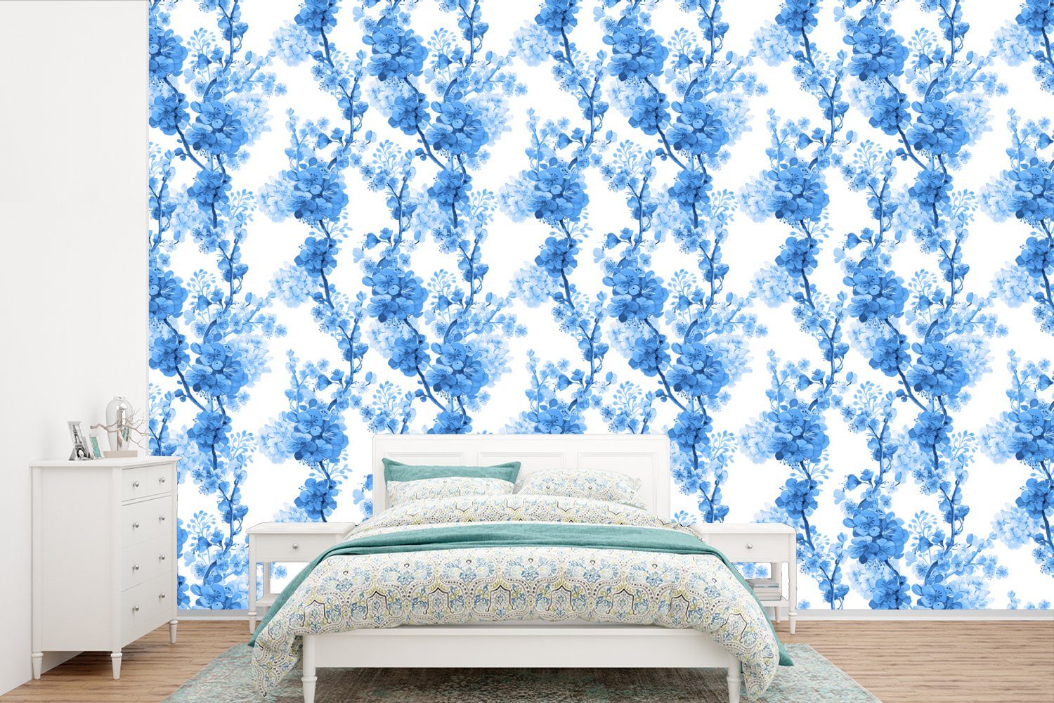 Blau Vinyl St), - Wallpaper Kinderzimmer, Collage, MuchoWow Tapete Blumen Wohnzimmer, für Schlafzimmer, Matt, Fototapete - - bedruckt, (6 Blüte