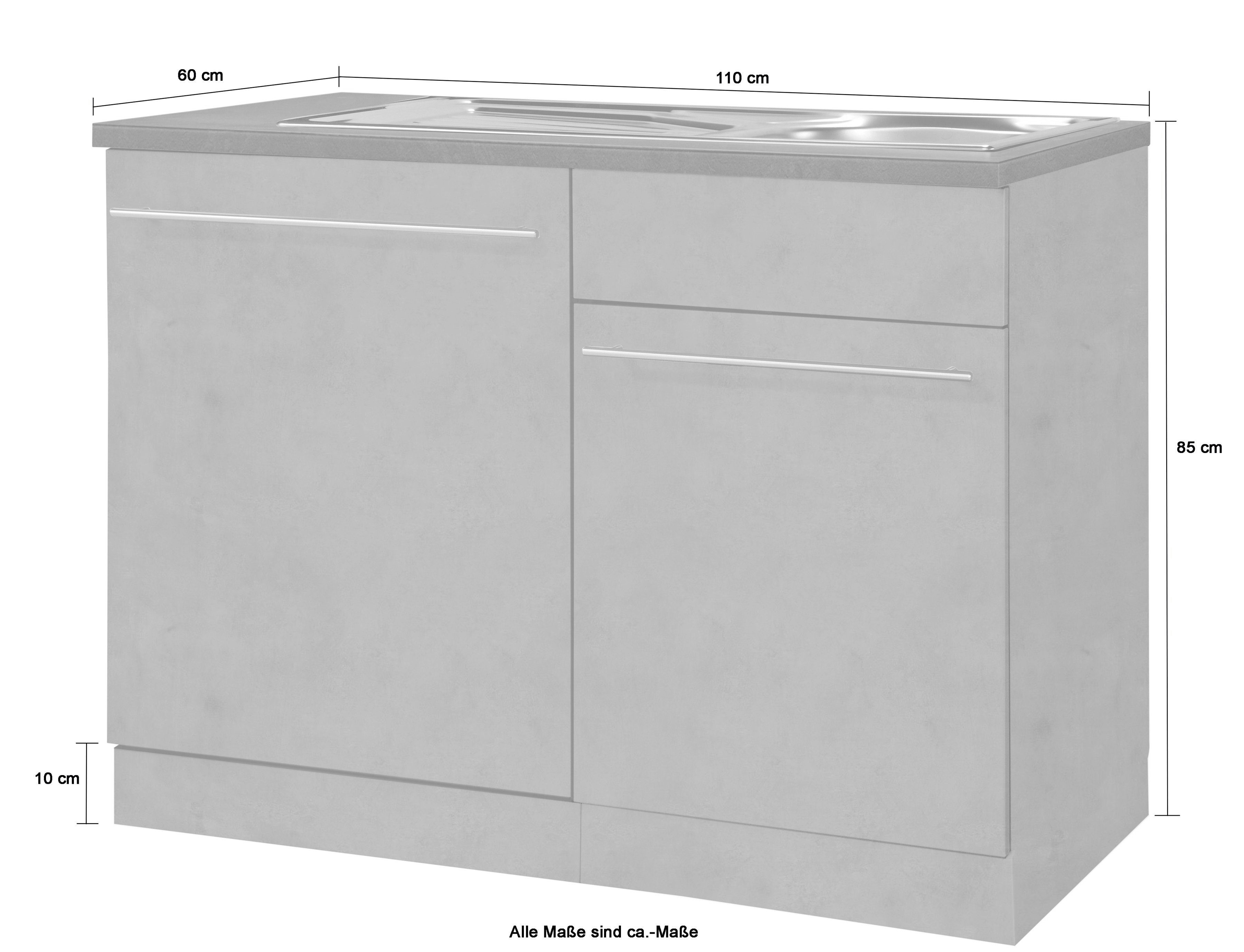 wiho Küchen Spülenschrank Betonfarben breit, 110 cm Betonfarben Chicago Tür/Sockel Geschirrspüler | inkl. für