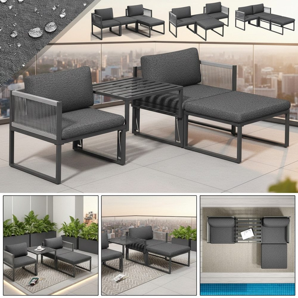 Mucola Sitzgruppe Lounge Aluminium Sitzgruppe wetterfest Gartenliege Hocker Essgruppe, (inkl. höhenverstellbare Füße, 4-tlg., Aluminiummöbel), Hocker kann je nach Bedürfnissen als Tisch oder Liege verwendet werden
